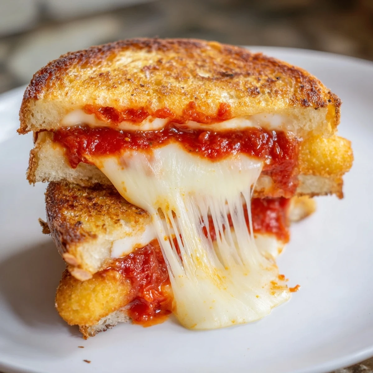Golden-brown Mozzarella Stick Grilled Cheese with melted cheese oozing from toasted bread, ready to eat!