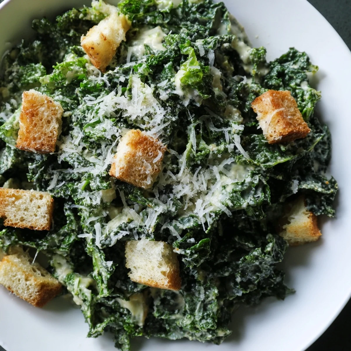 Fresh Kale Caesar Salad with crispy croutons and shaved Parmesan, a vibrant green dish.