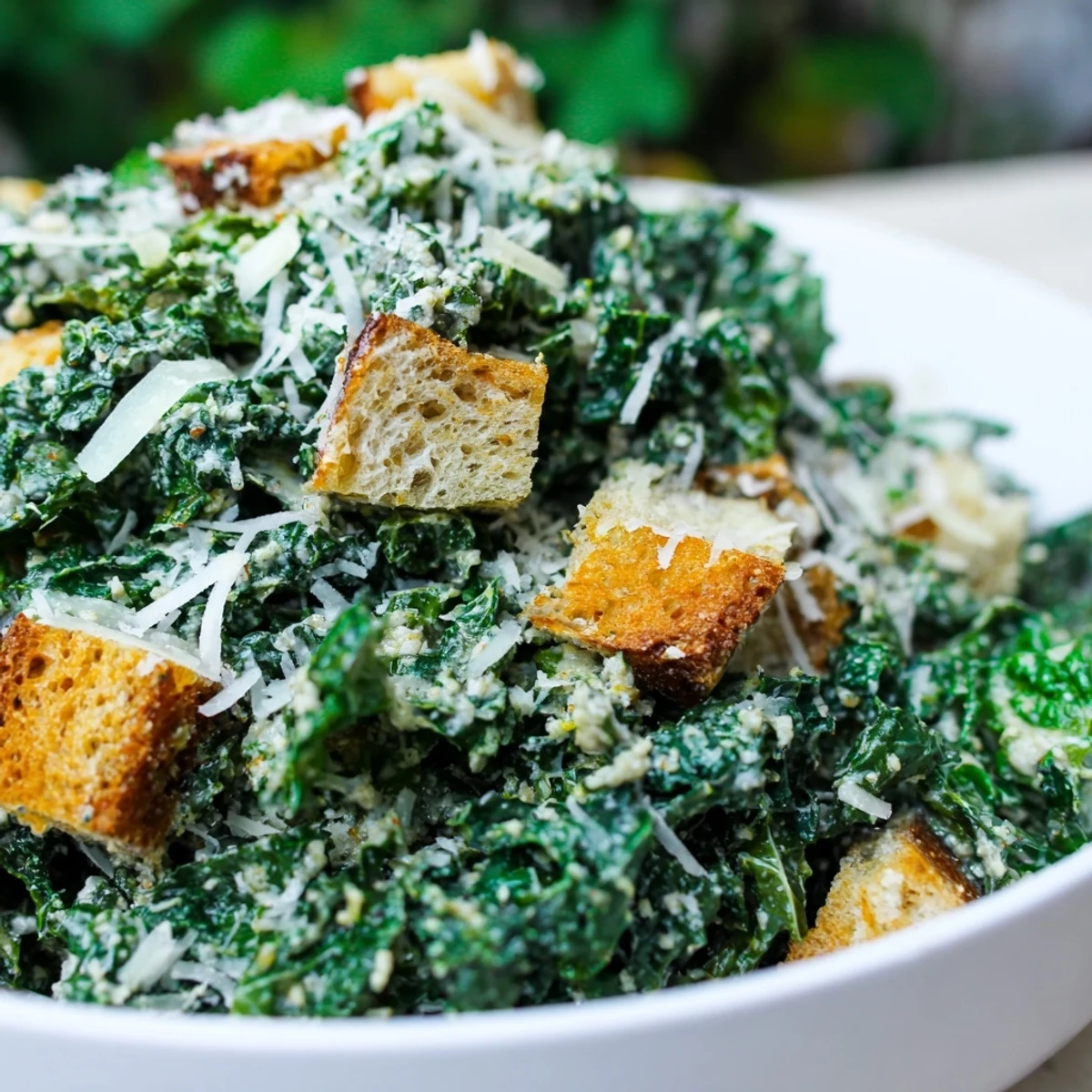 Creamy homemade Kale Caesar Salad, featuring tender kale, is tossed with a rich, flavorful dressing.