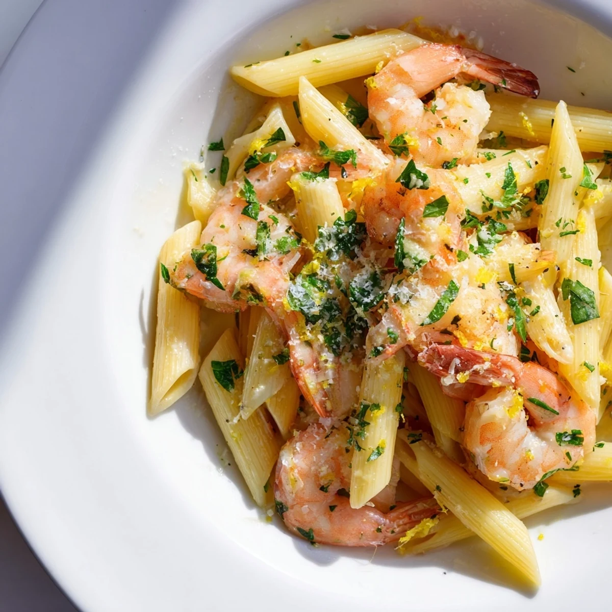 Creamy garlic shrimp penne, garnished with Parmesan, offering a flavorful and satisfying meal.