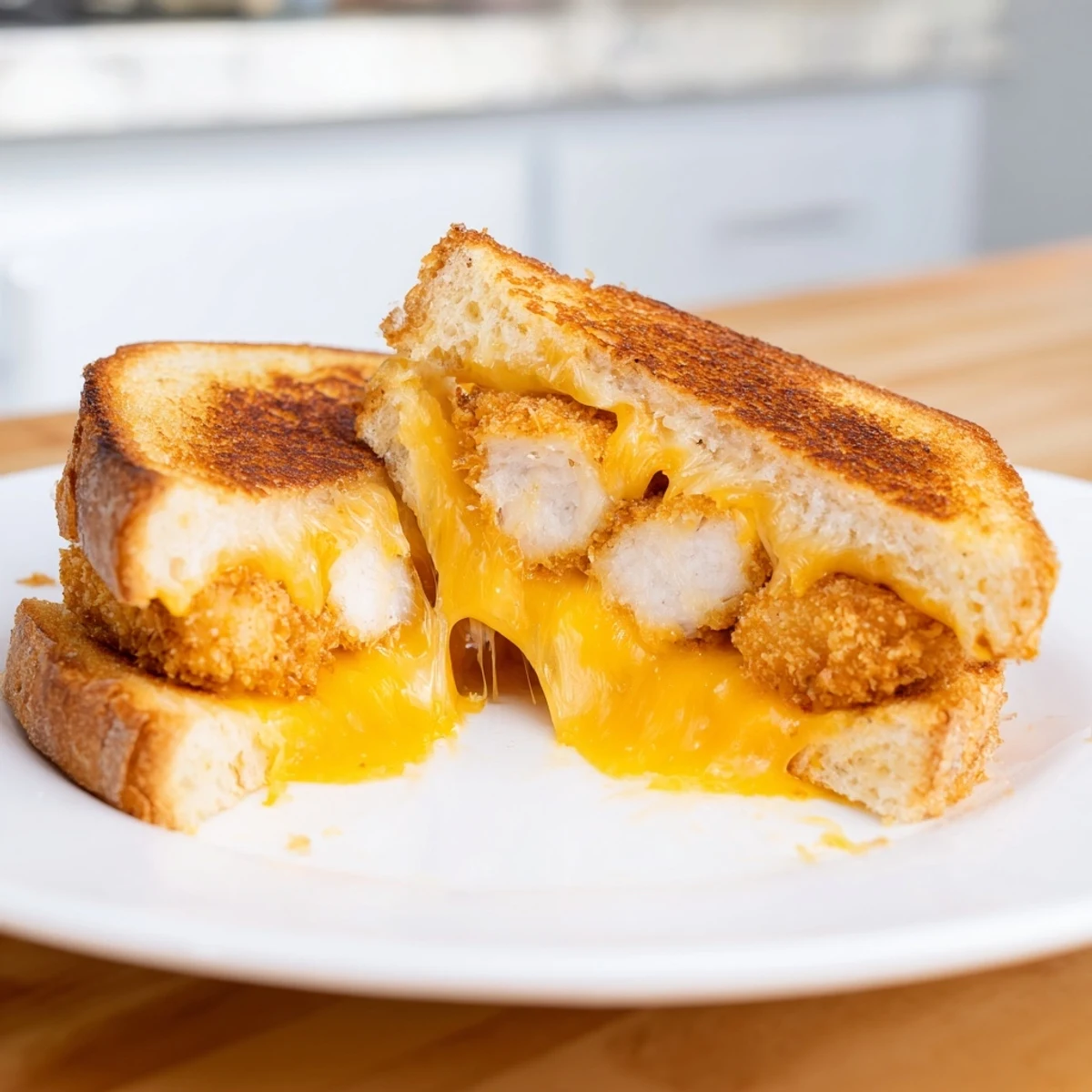 Melted cheese surrounds warm, delicious chicken nuggets in this easy Chicken Nugget Grilled Cheese.