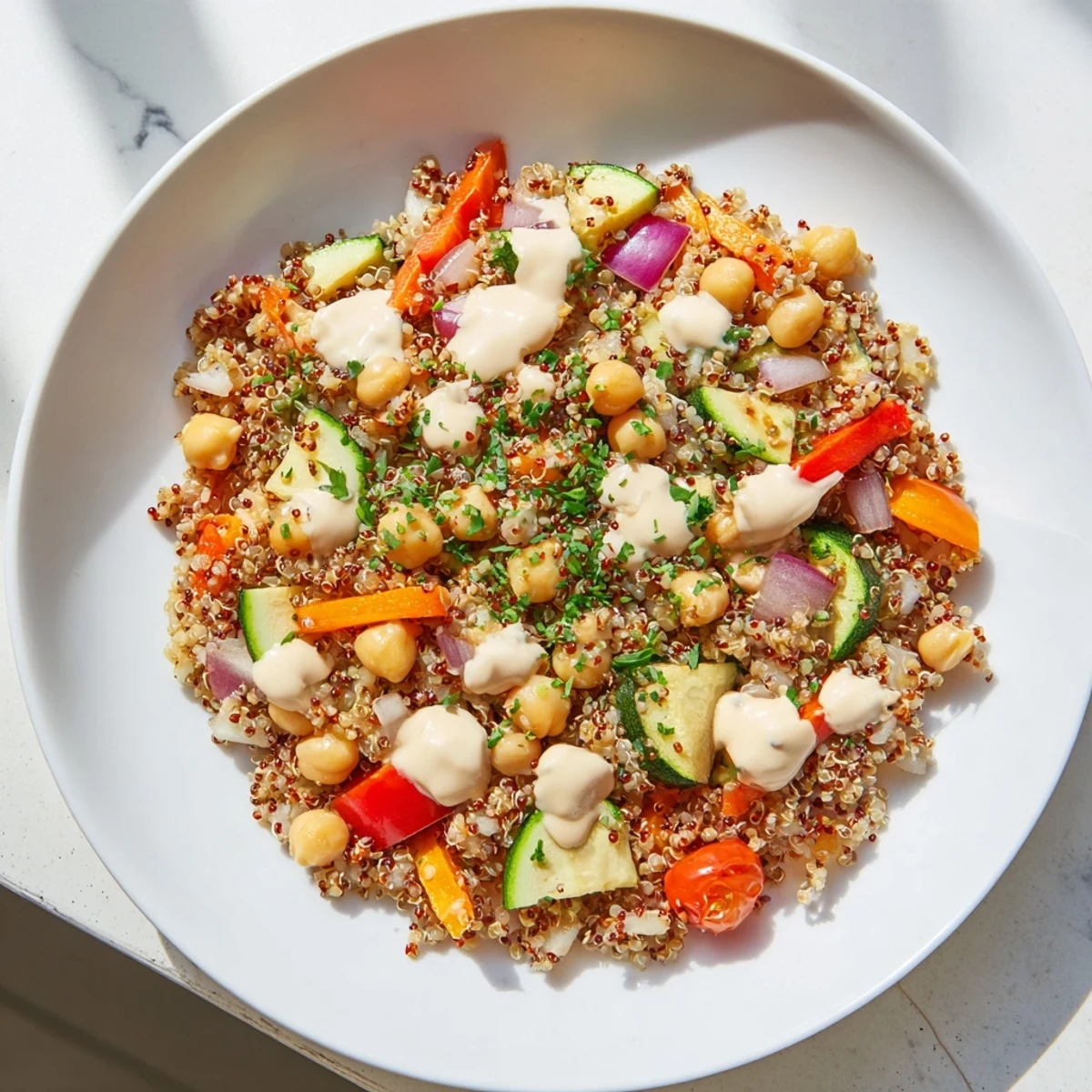 Fluffy quinoa power salad with roasted vegetables, chickpeas, and a bright tahini-lemon dressing.