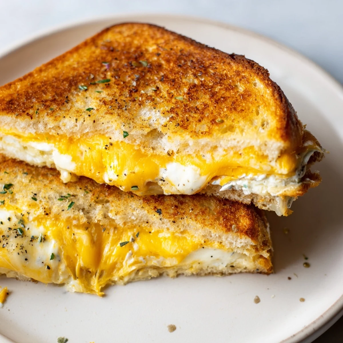 Golden, crispy Garlic Butter Mayo Grilled Cheese, oozing with melted sharp cheddar cheese, ready to be enjoyed.