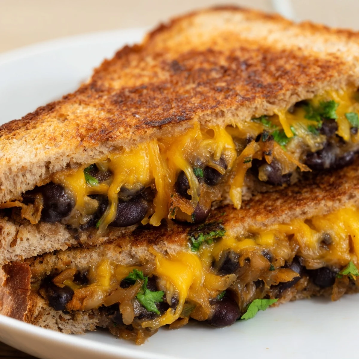 Gooey, cheesy Black Bean Grilled Cheese, piled high, ready to be sliced and served hot.