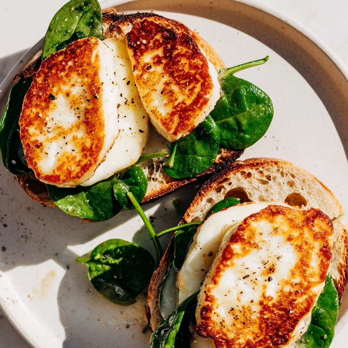 Golden, crispy Halloumi Grilled Cheese, a Mediterranean delight, ready to be sliced and served.