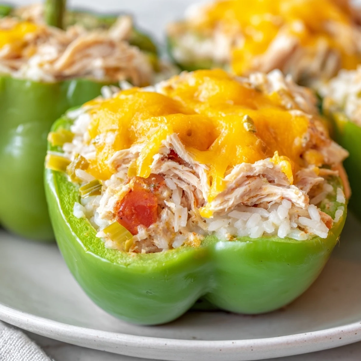 Golden, bubbly Cheesy Chicken Stuffed Peppers, a family-favorite meal with tender bell peppers.