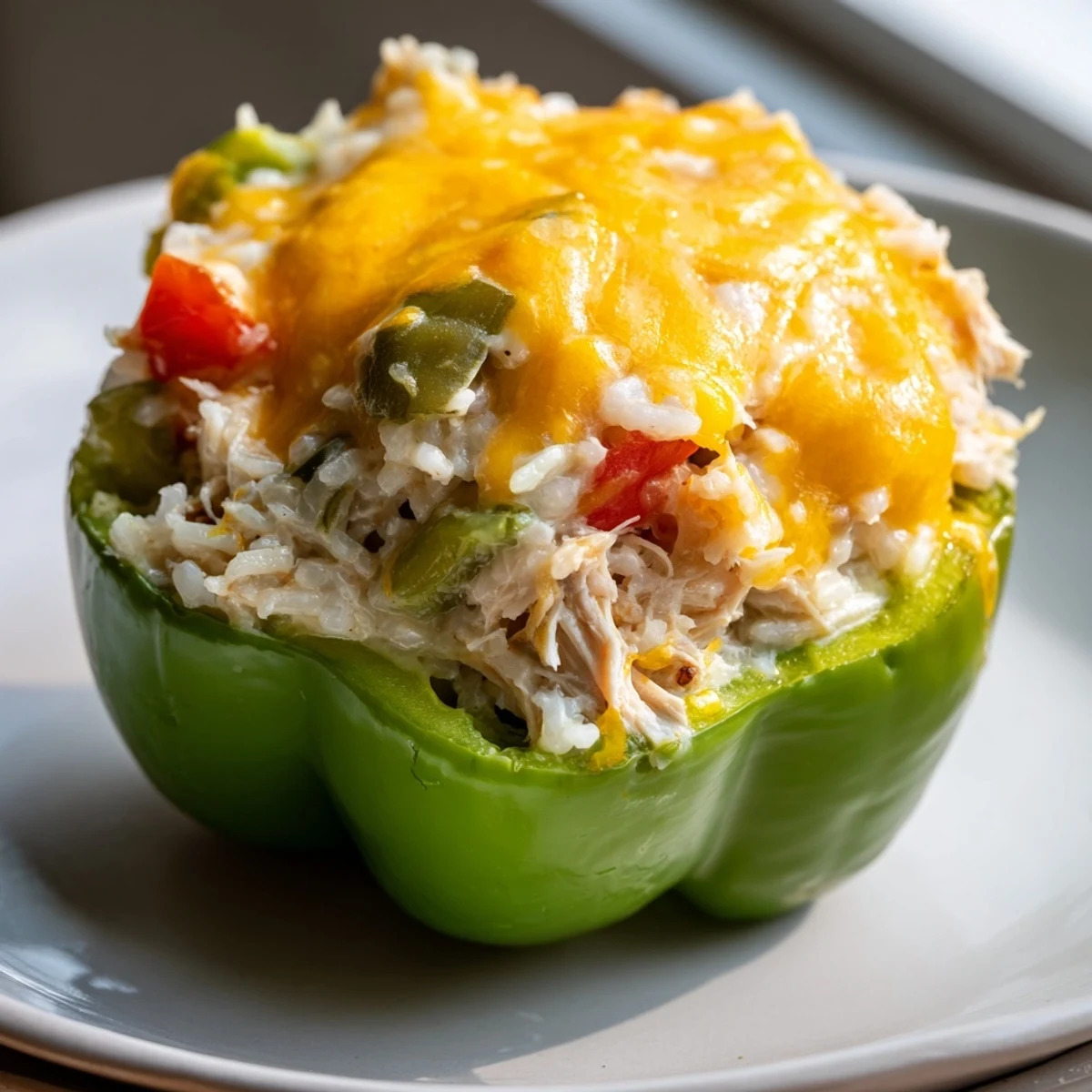 A close-up of delicious Cheesy Chicken Stuffed Peppers, brimming with savory fillings, ready to eat.