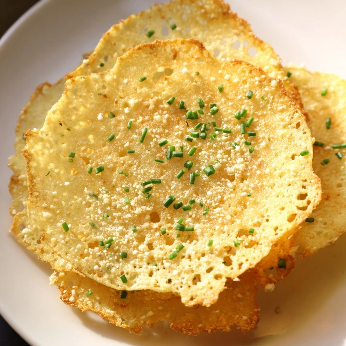 Close-up of baked cottage cheese chips; round with golden edges, promising a delicious, savory treat.