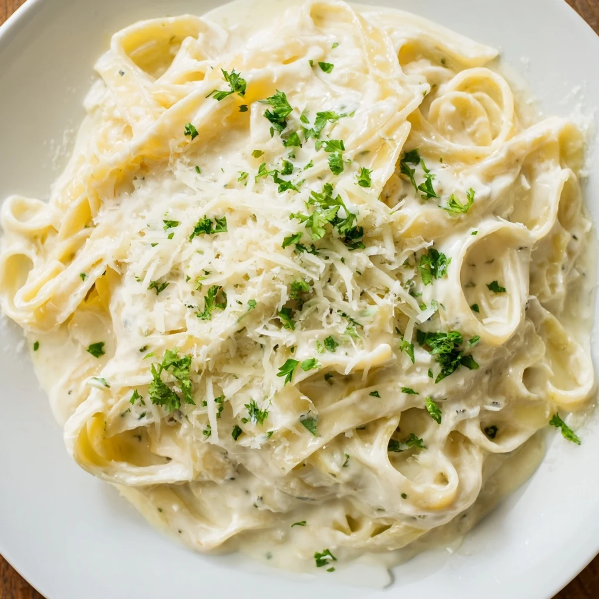 Creamy, homemade Pasta Alfredo Cottage Hack, swirled with fresh parsley and Parmesan, ready to enjoy.