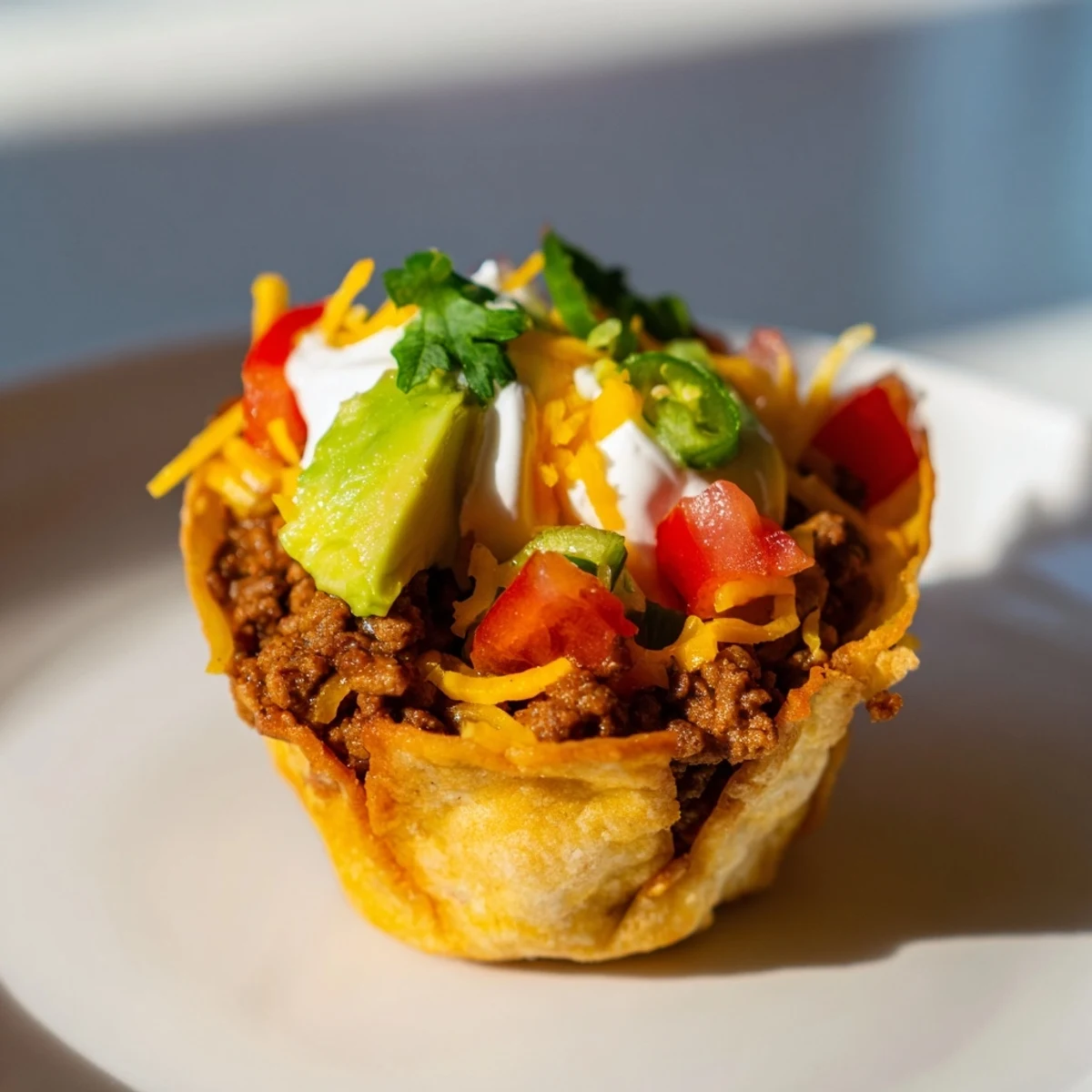Melted cheese spills over the edges of mini taco cups, a delicious appetizer.