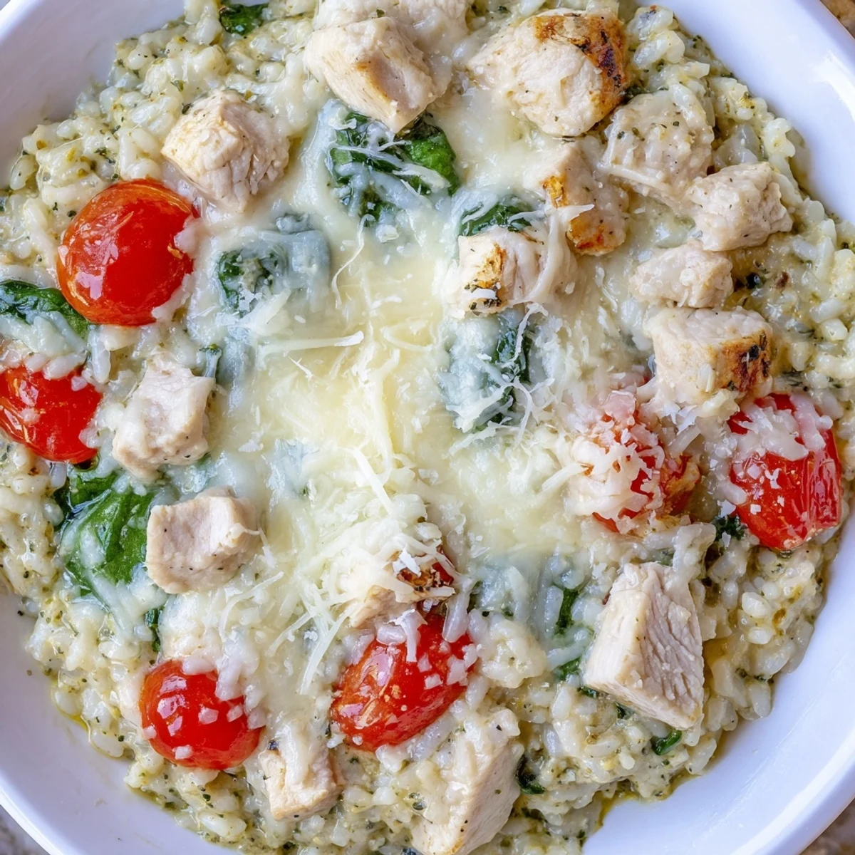 Steaming Chicken Pesto Rice Bake topped with melted cheese, a comforting baked casserole.