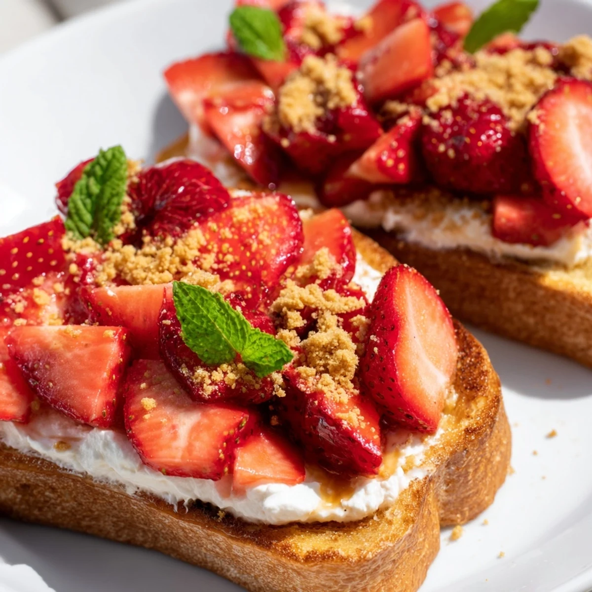 Strawberry Cheesecake Toast with juicy strawberries and creamy topping, a simple breakfast.