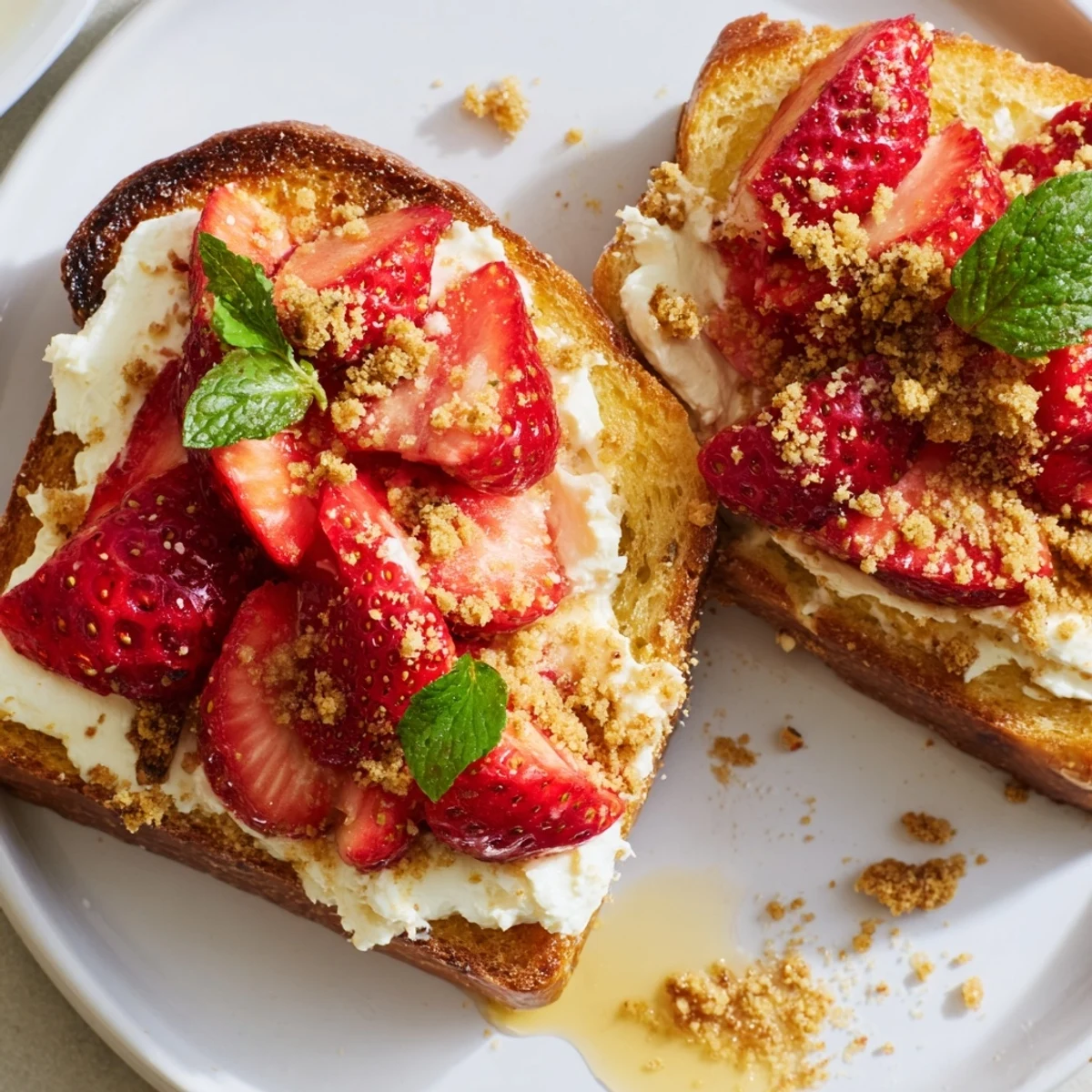 Enjoy creamy, sweet Strawberry Cheesecake Toast with macerated strawberries for a delightful bite.