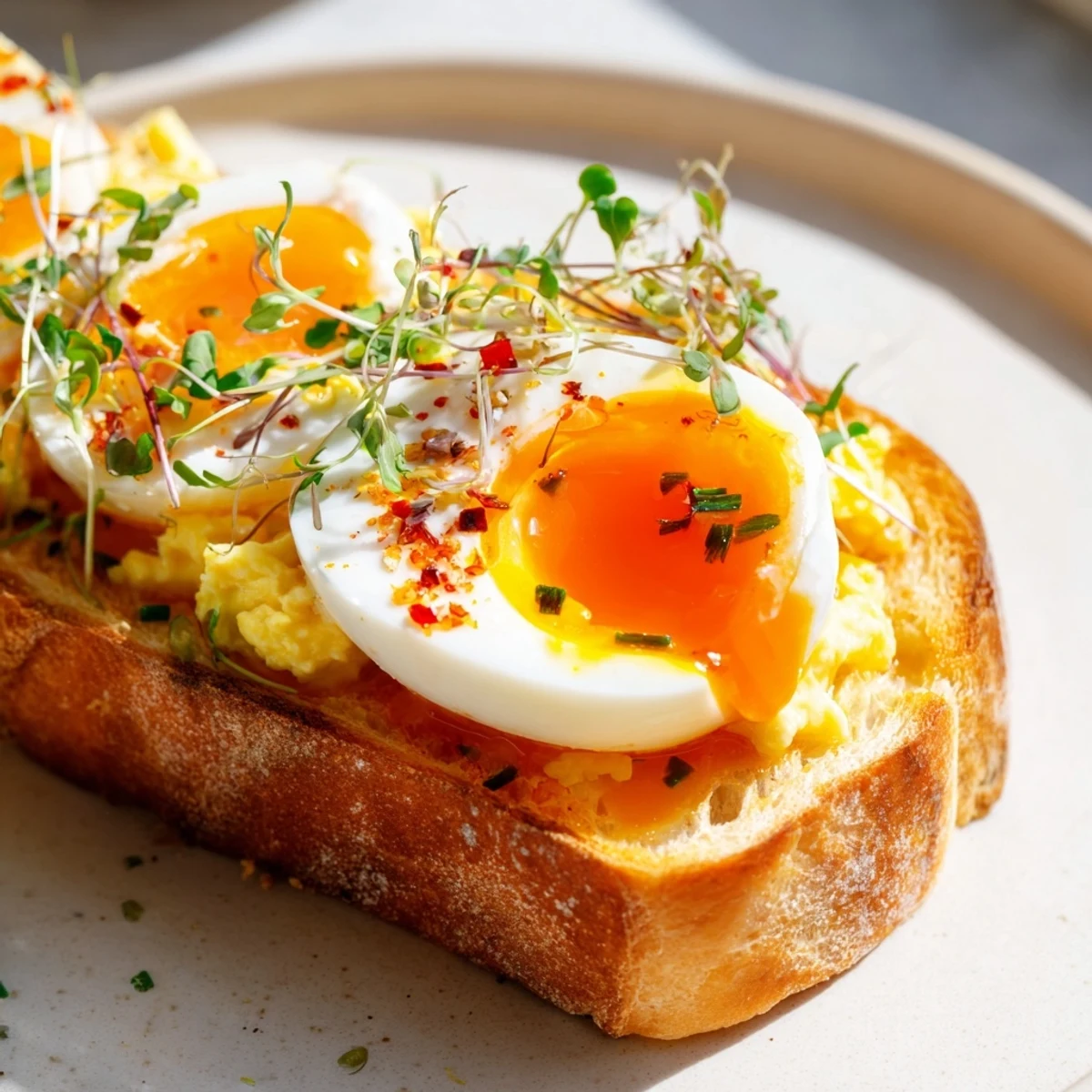Golden, crispy Egg Flight Toast featuring fluffy scrambled, soft boiled, and fried eggs.