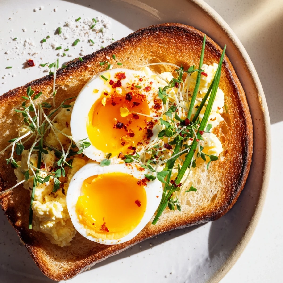 A close-up of Egg Flight Toast, showcasing various textures with a delicious array of egg styles.