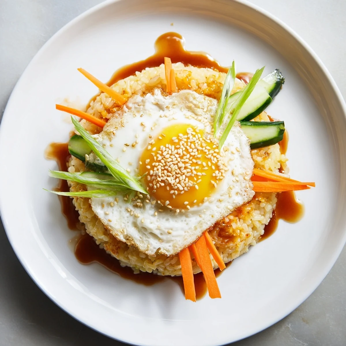 Golden, crispy egg rice bowl with a runny yolk, colorful vegetables, and savory sauce drizzled over.