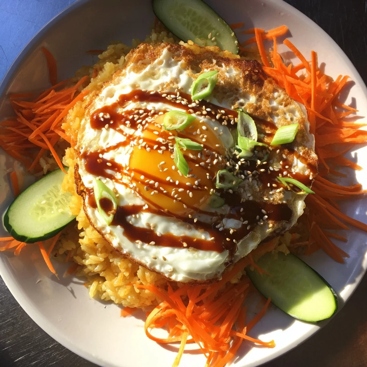 A close-up of a crispy egg rice bowl, showcasing golden rice, a fried egg, and fresh garnishes.