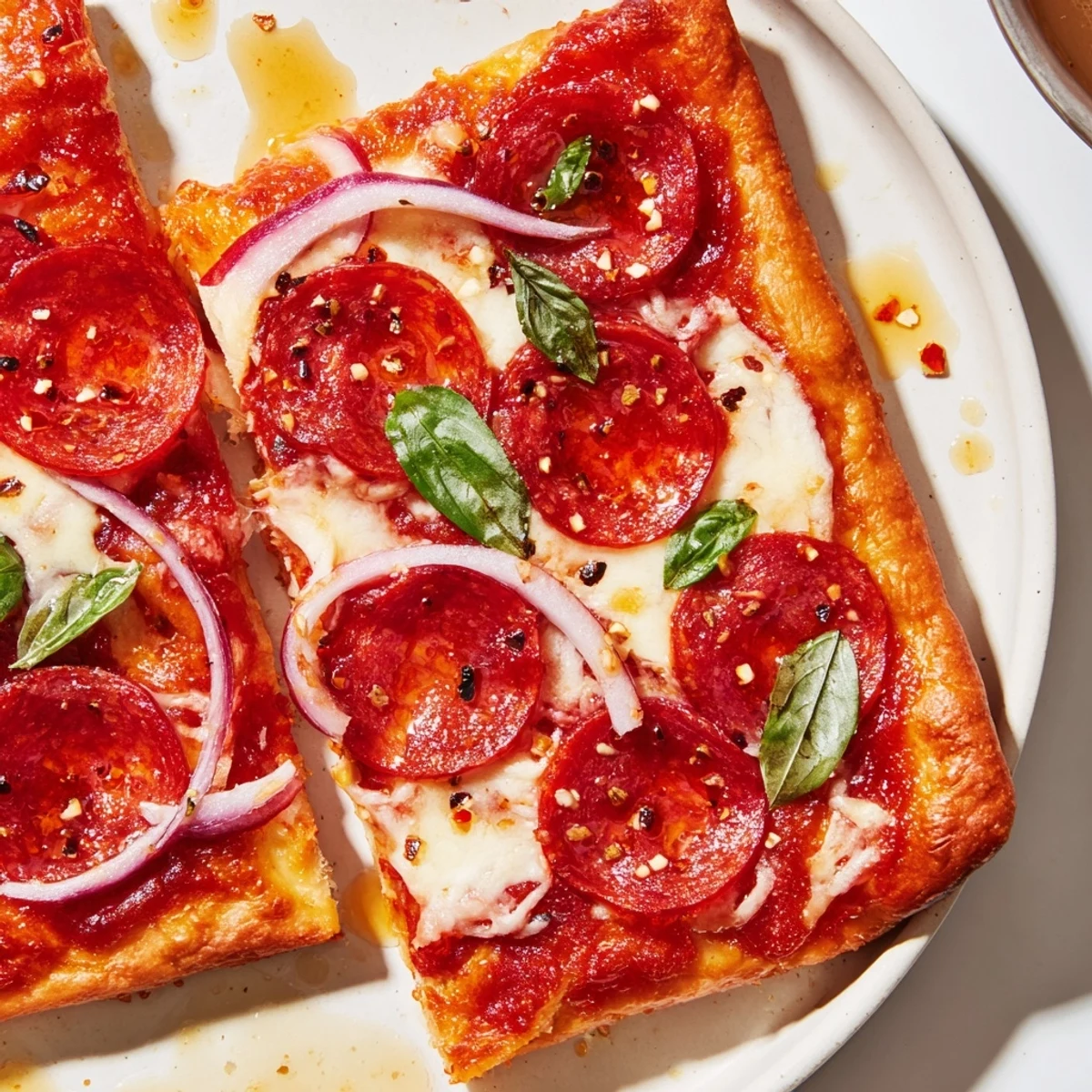 Crispy Hot Honey Pepperoni Flatbread, featuring melty mozzarella and spicy pepperoni on a golden crust.