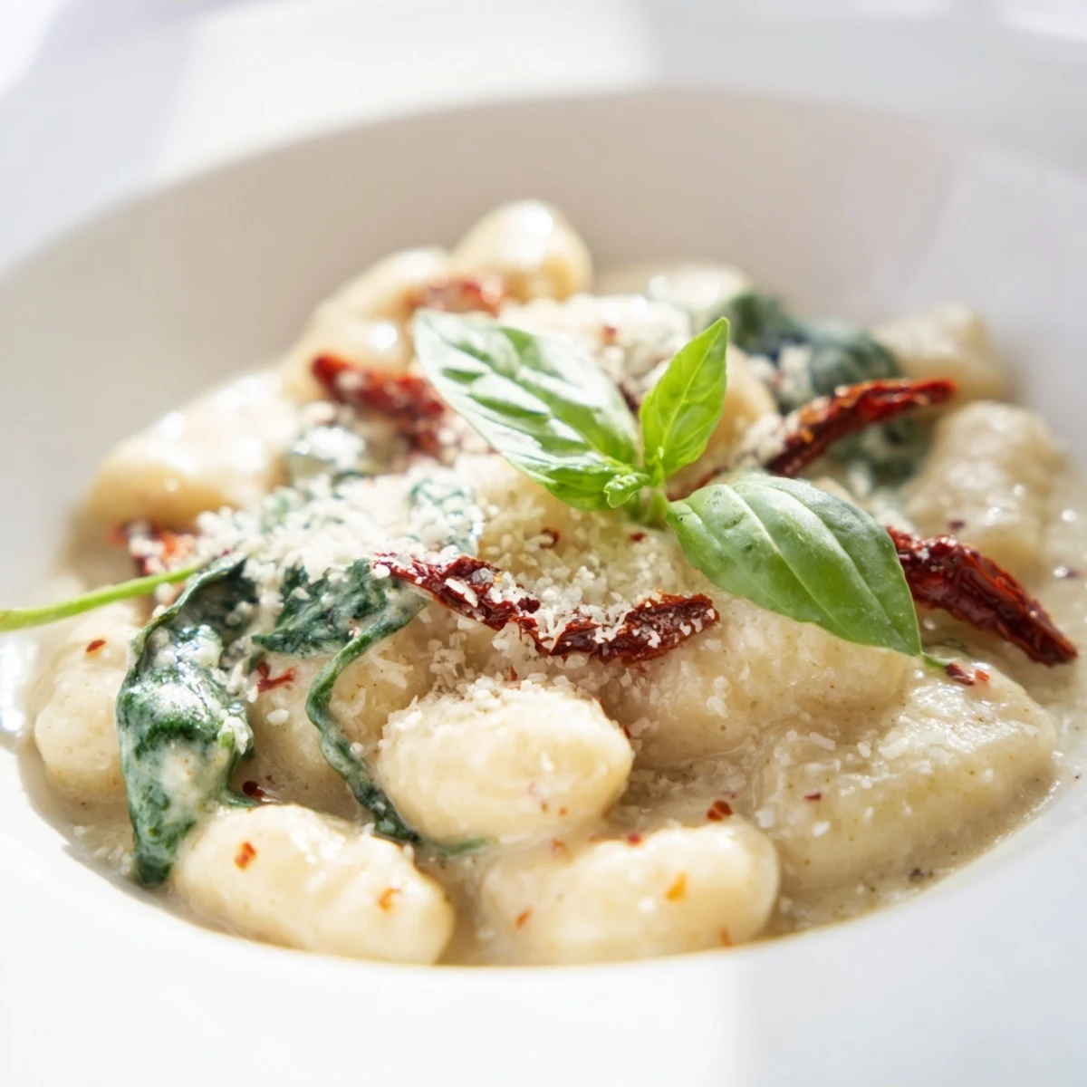 Steaming Creamy Tuscan Gnocchi served in a skillet, topped with fresh basil and Parmesan cheese.