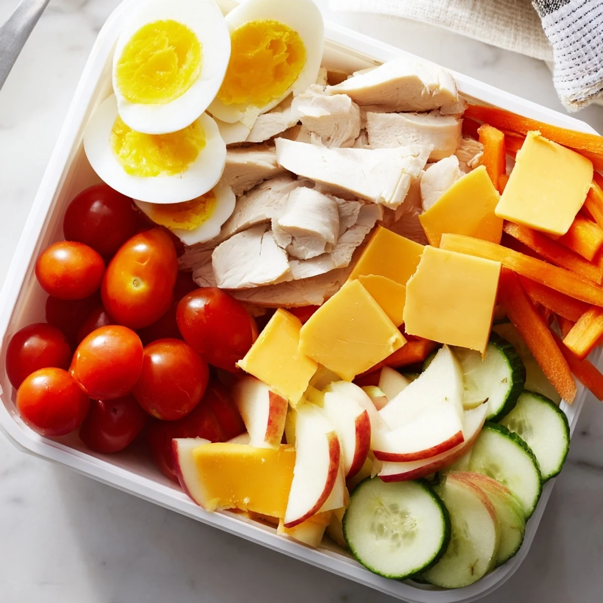 Colorful Protein Snack Boxes, featuring chicken, cheese, and fresh veggies, ready for a healthy lunch.