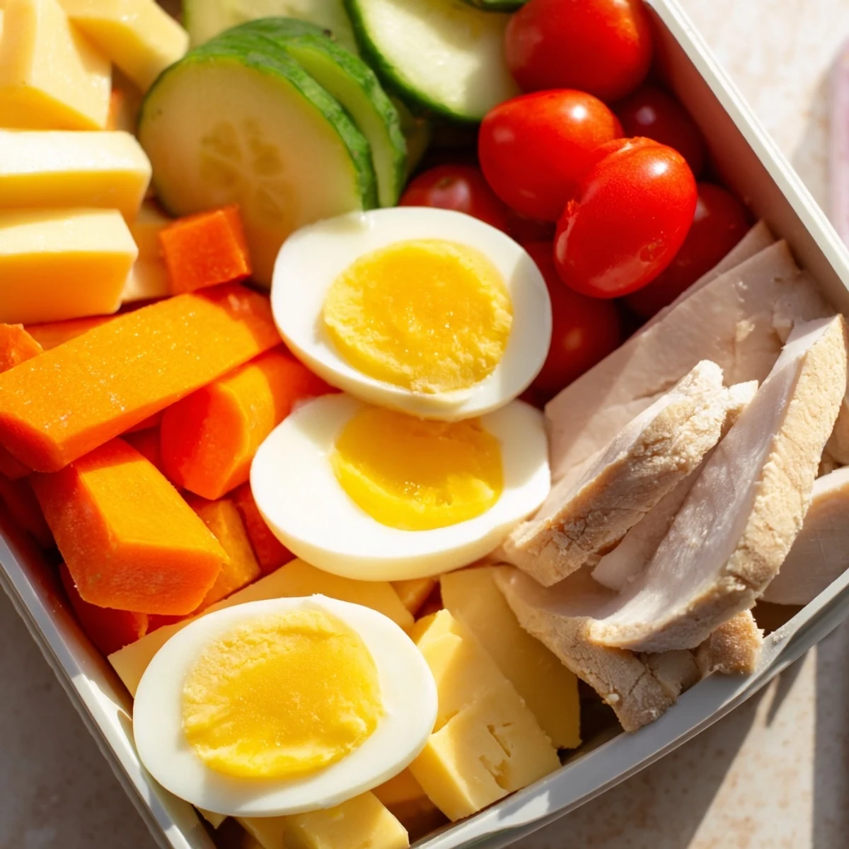 A visually appealing Protein Snack Box, packed with protein and fresh ingredients, perfect for easy meal prep.