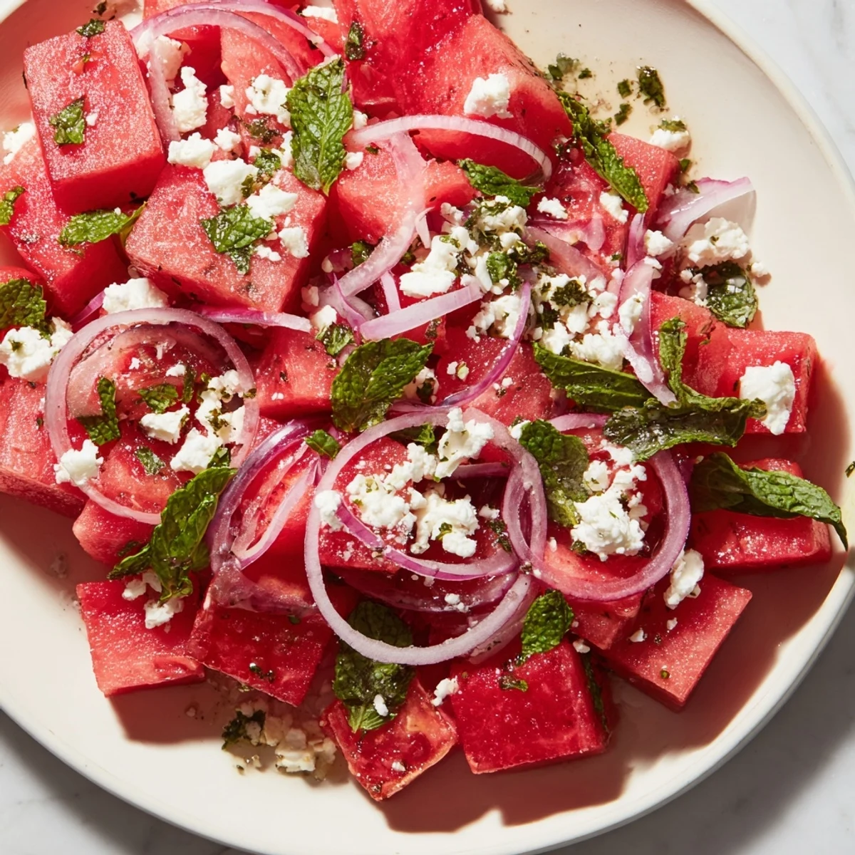 Bright, refreshing Watermelon Feta Salad: Sweet watermelon combined with tangy feta and lime dressing.
