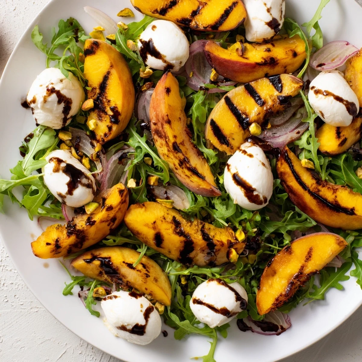 Vibrant grilled peach salad showcasing juicy peaches, peppery arugula, and aged balsamic glaze.