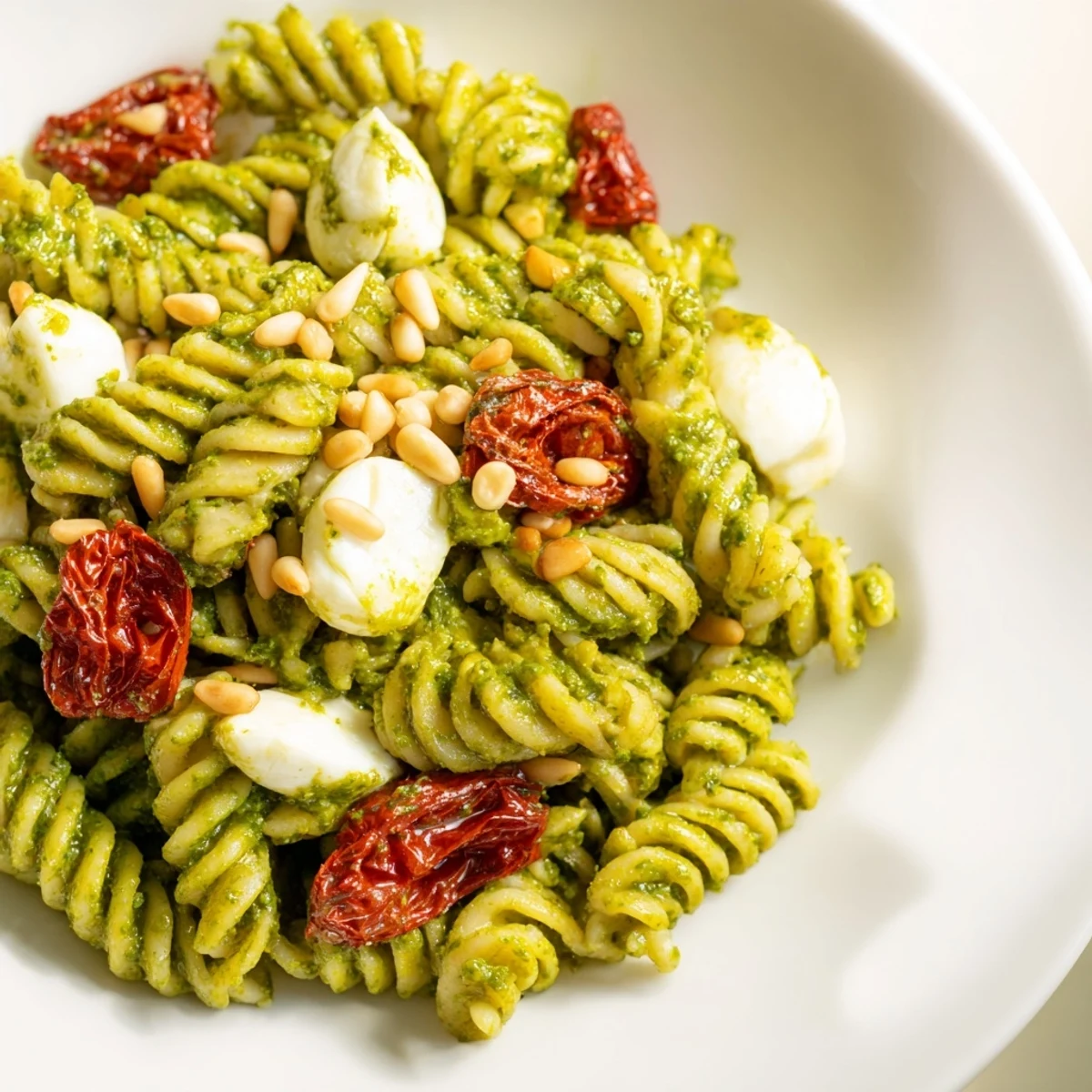 This beautiful Pesto Pasta Salad is tossed with fresh pesto and pine nuts, ready to eat.