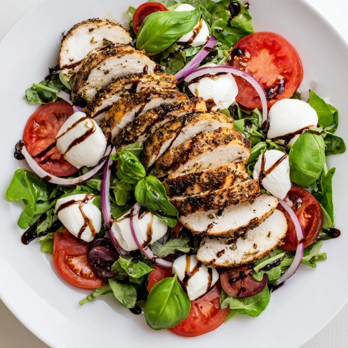 Creamy mozzarella and tomatoes crown this delicious Caprese Chicken Salad with grilled chicken and balsamic.