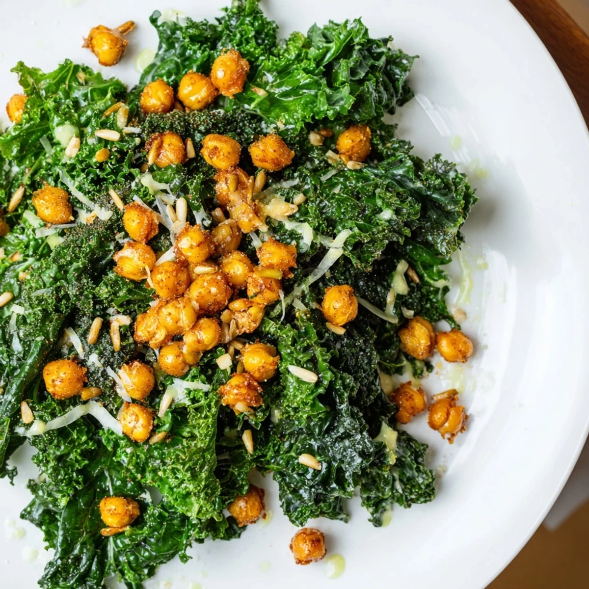 The Warm Kale Salad with Crispy Chickpeas showcases tender kale topped with crunchy roasted chickpeas, ready to eat.