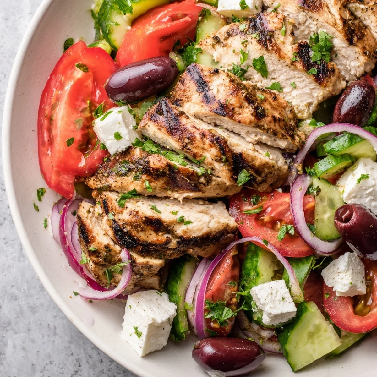 Mediterranean delight: a close-up of the flavorful Greek salad with grilled chicken, ready to eat.
