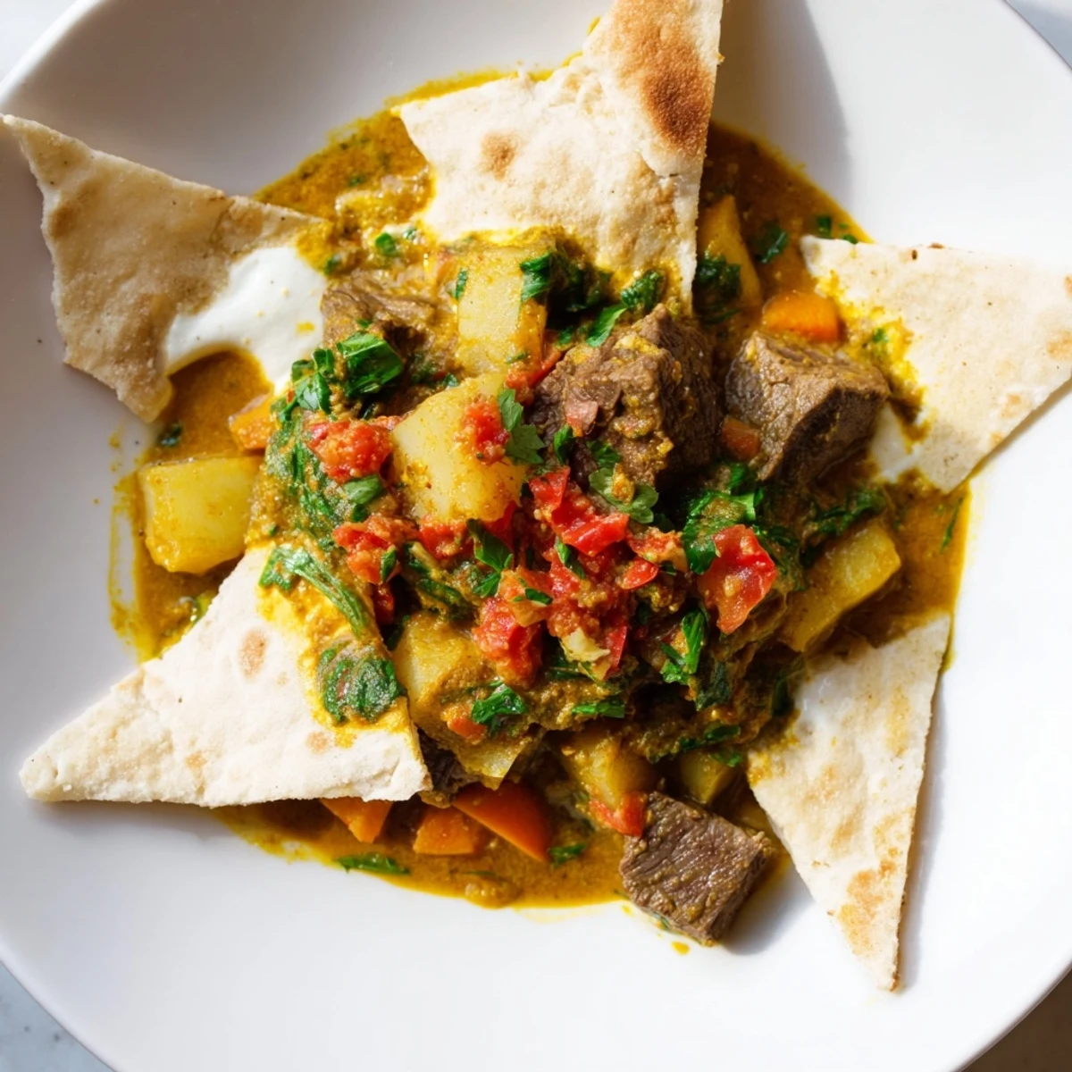 A steaming bowl of Yemeni Saltah stew features tender meat in a fragrant, spiced broth.