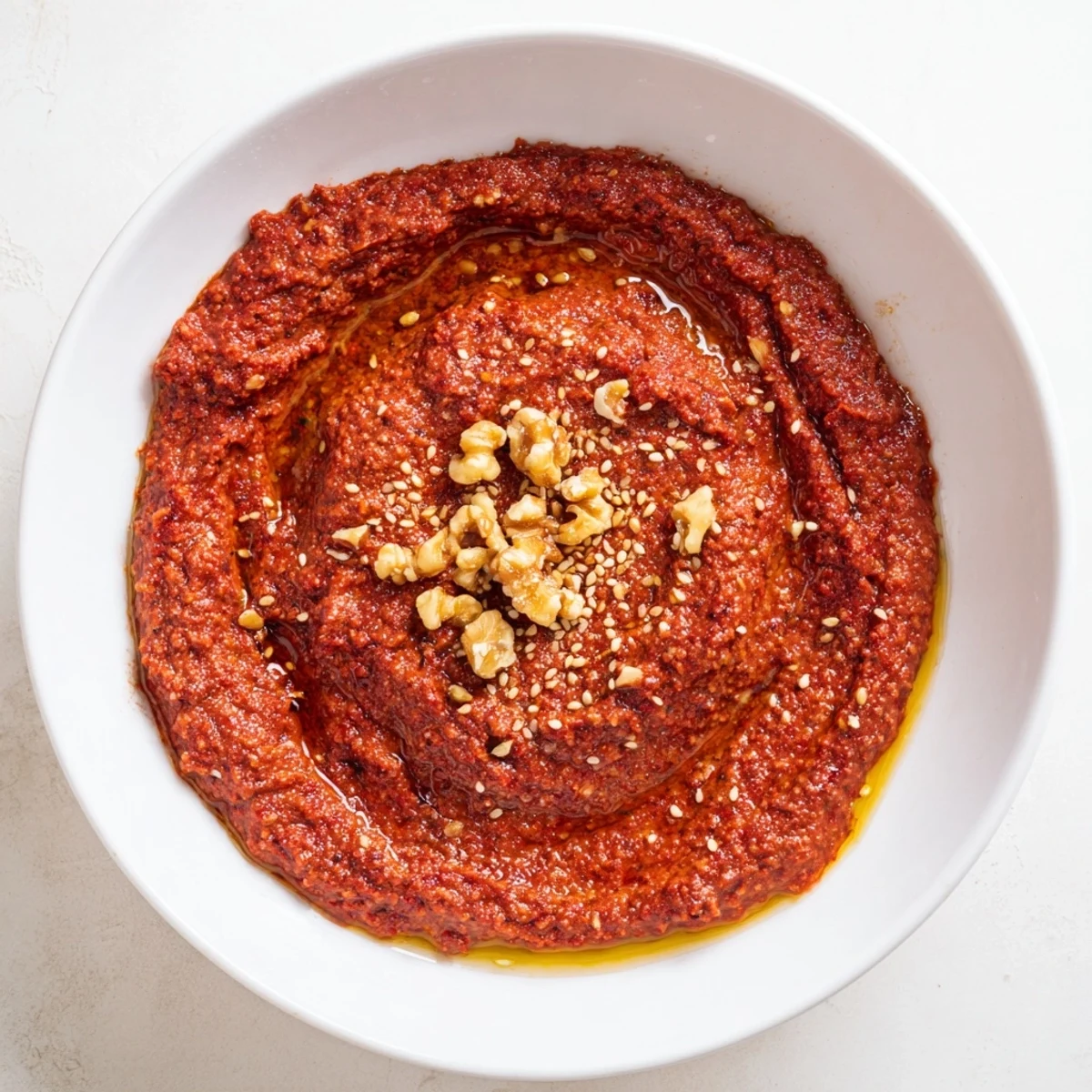 Creamy, vibrant Syrian Muhammara dip, perfect for dipping with warm pita bread and vegetable sticks.