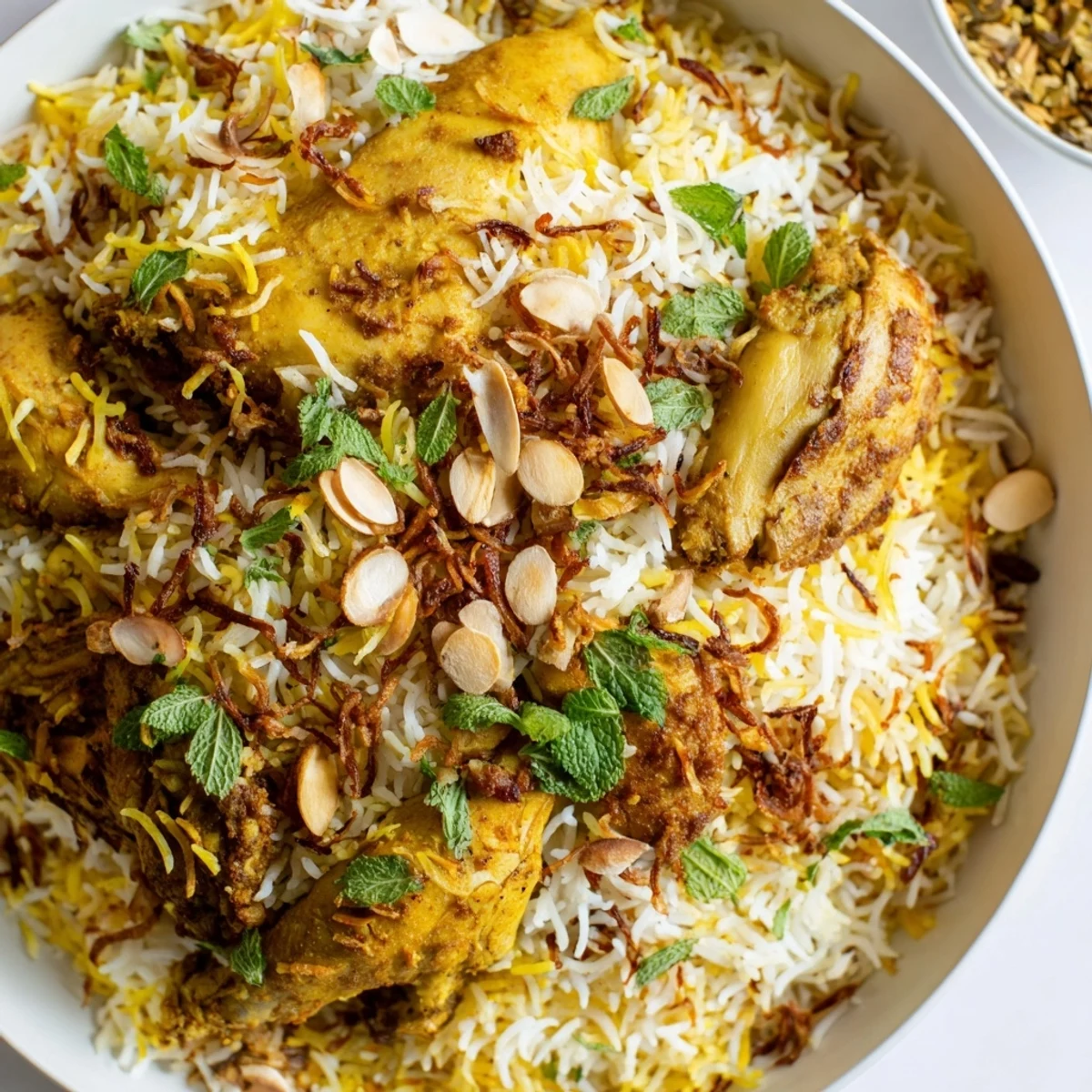 A steaming pot of Kuwaiti biryani rice, showcasing layered textures and rich spices.