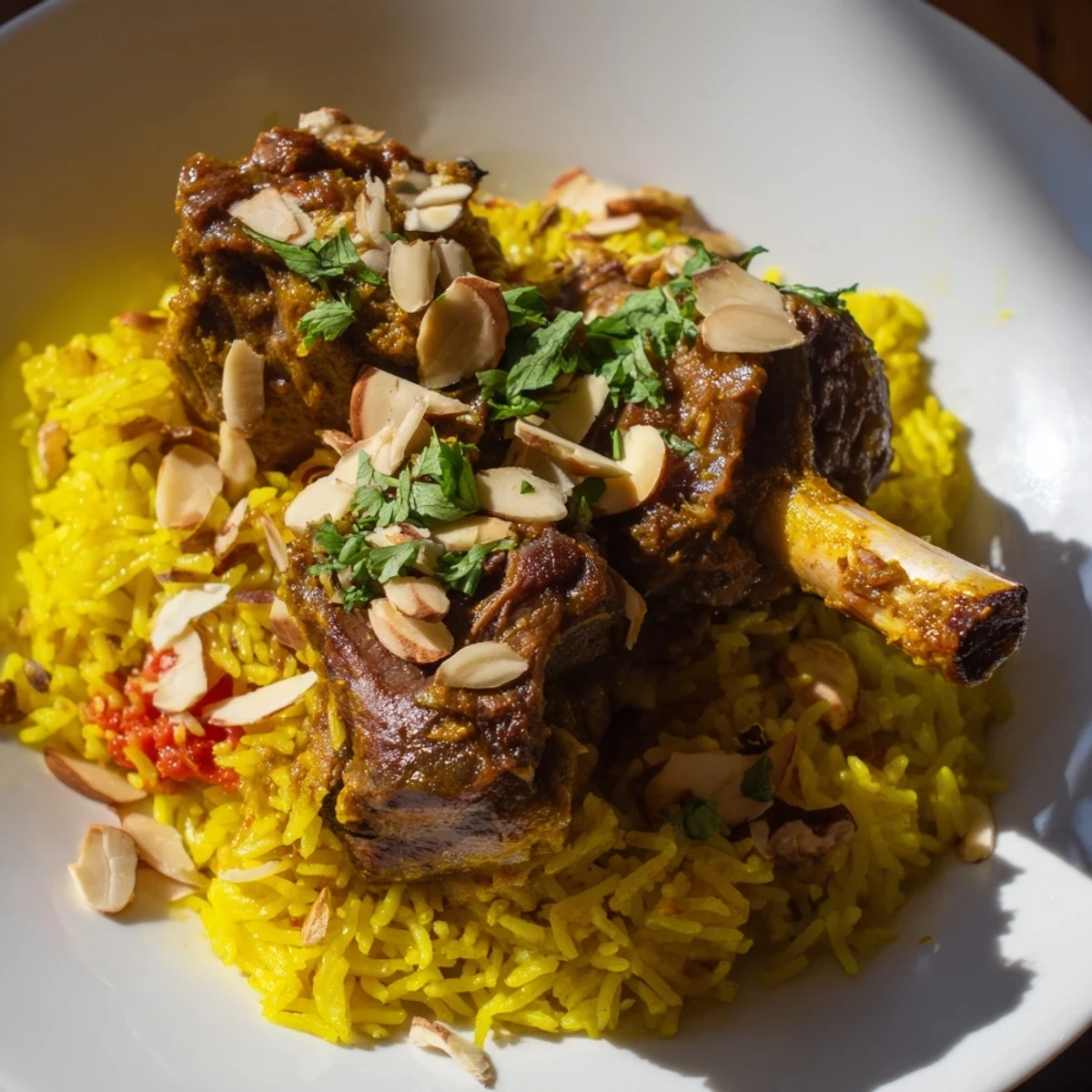 Golden-hued Qatari Majboos, a Middle Eastern culinary delight, garnished with fresh cilantro and almonds.