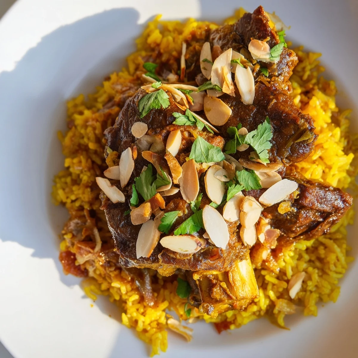 Aromatic steam rising from a flavorful Qatari Majboos dish, showcasing tender lamb and spiced rice.