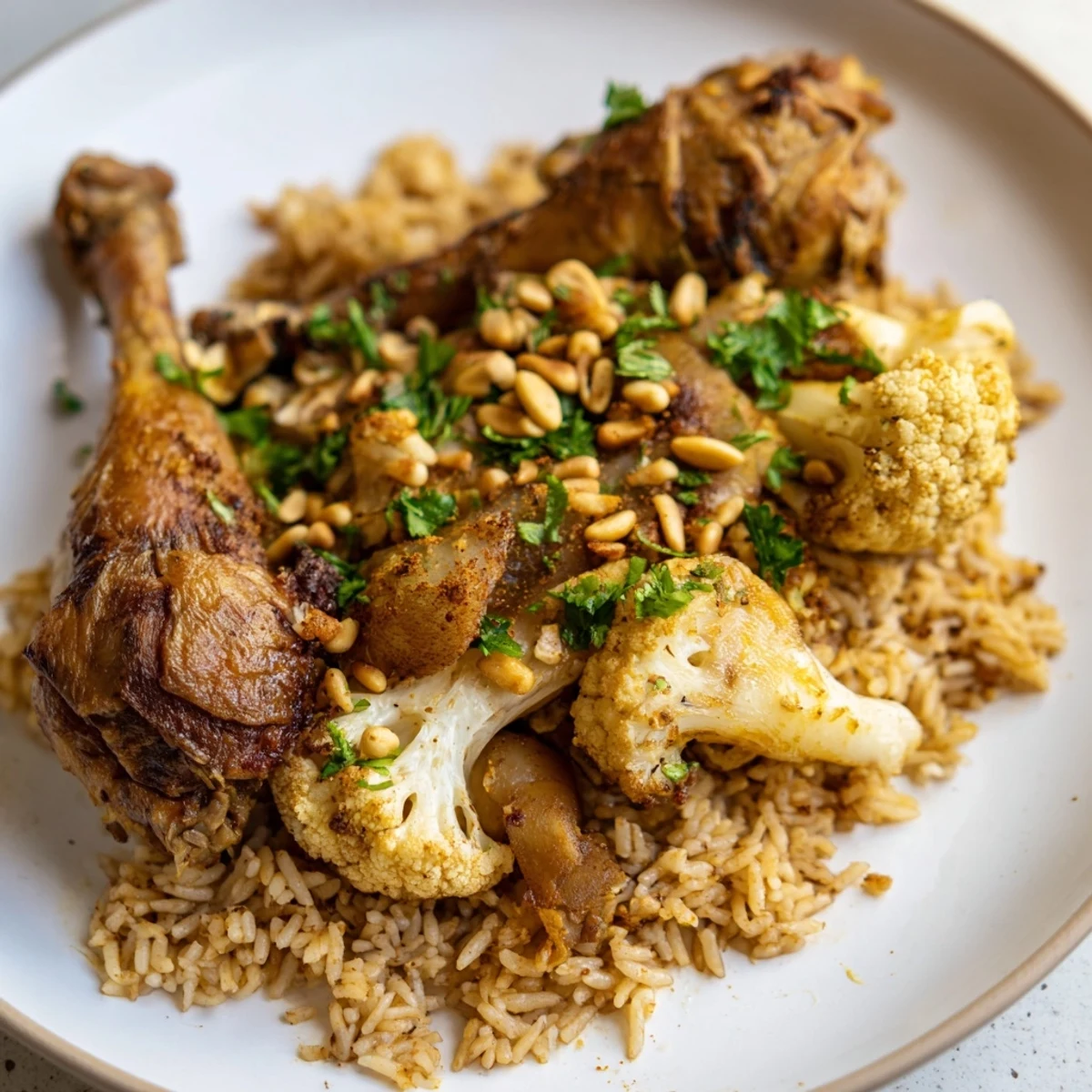 Fluffy spiced rice and tender chicken nestle in this aromatic Palestinian Maklouba.