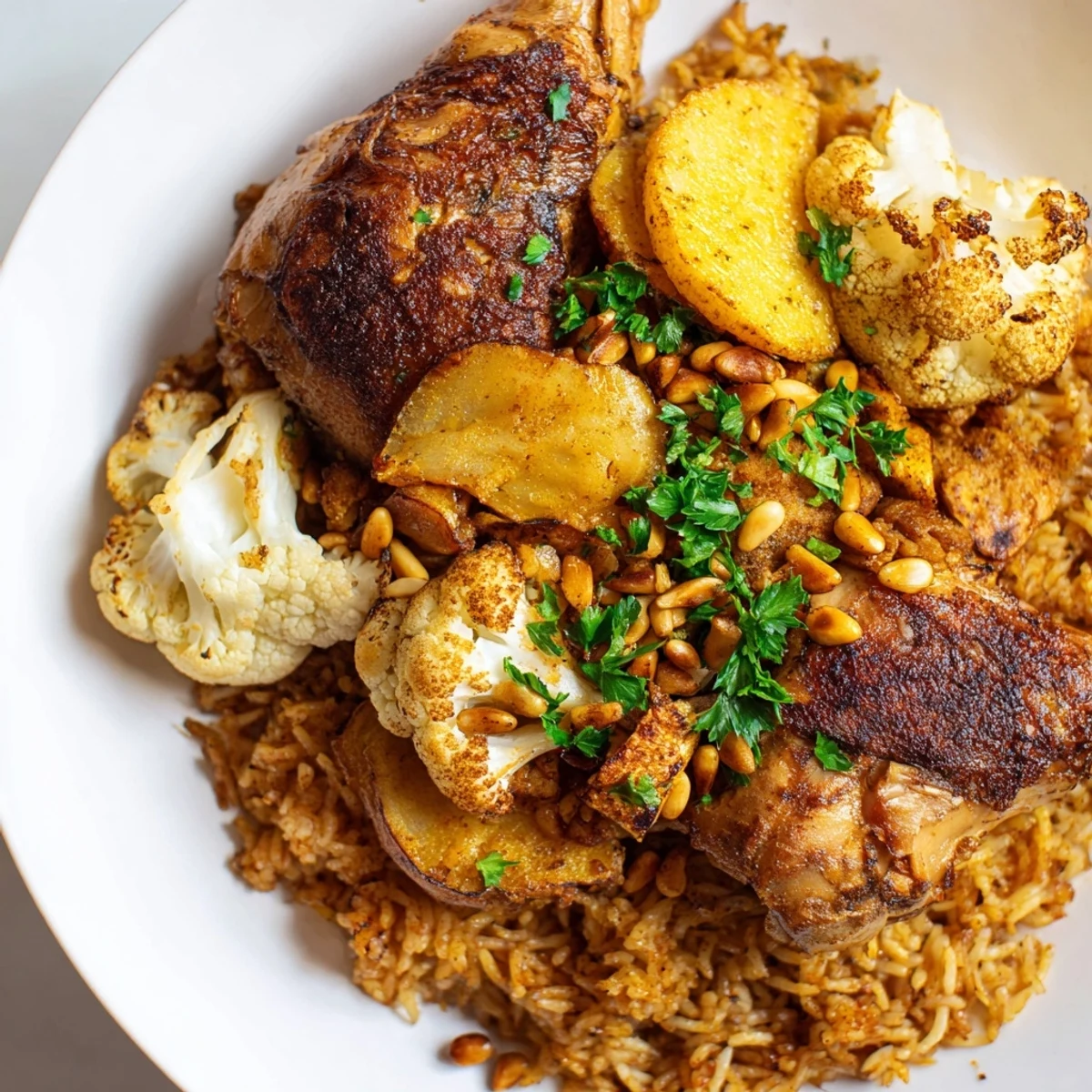 Imagine the dramatic flip revealing a beautifully layered Palestinian Maklouba, ready to be enjoyed.