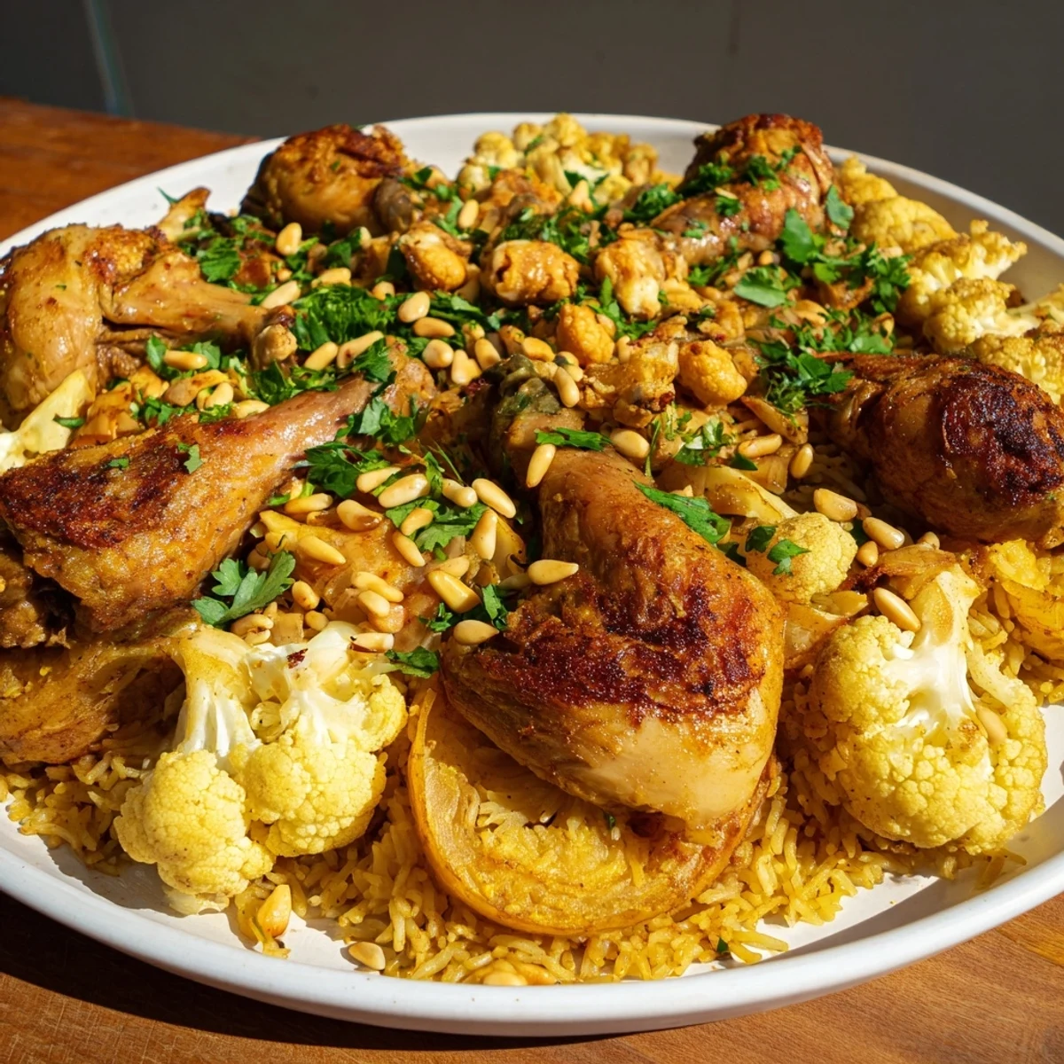 Golden cauliflower and flavorful chicken star in this savory Palestinian Maklouba, a delicious main dish.