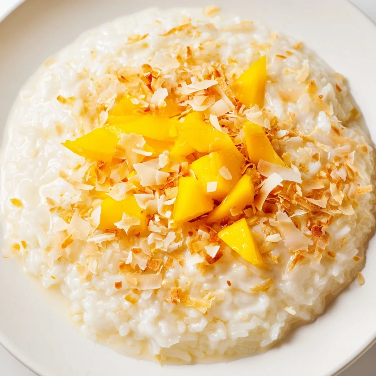 Creamy Coconut Rice Sweet, garnished with tropical fruit and toasted coconut flakes, ready to enjoy.