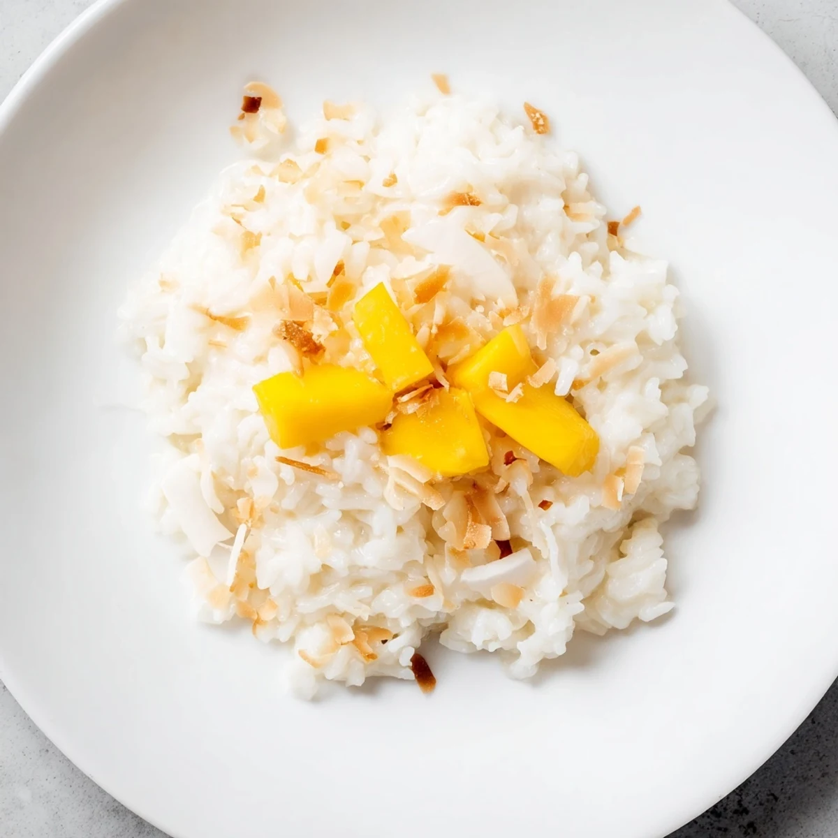 A bowl of warm Coconut Rice Sweet, showing fluffy rice infused with coconut flavor; a perfect dessert.