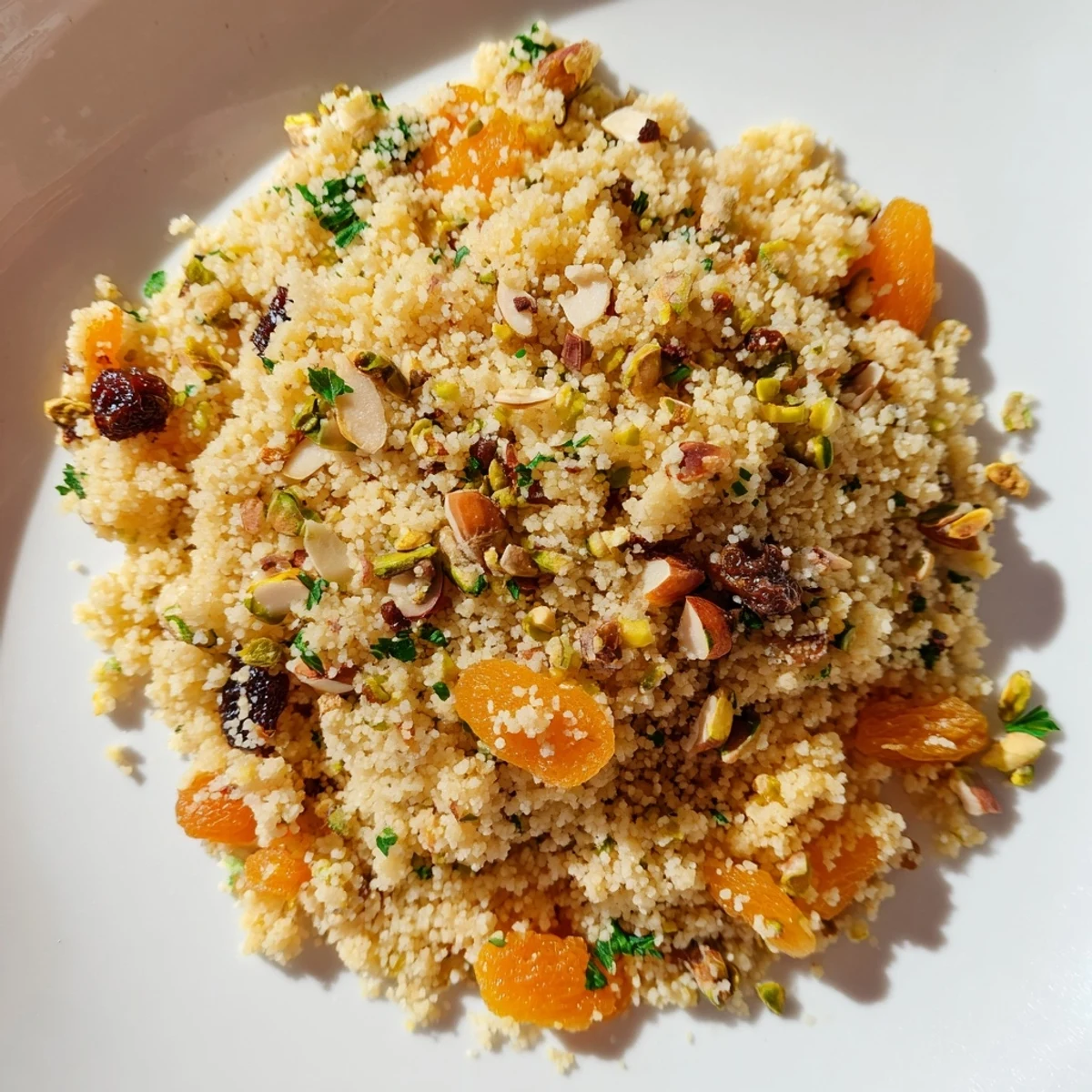 Fluffy couscous pilaf spiced with fragrant herbs and golden raisins, ideal as a side dish.