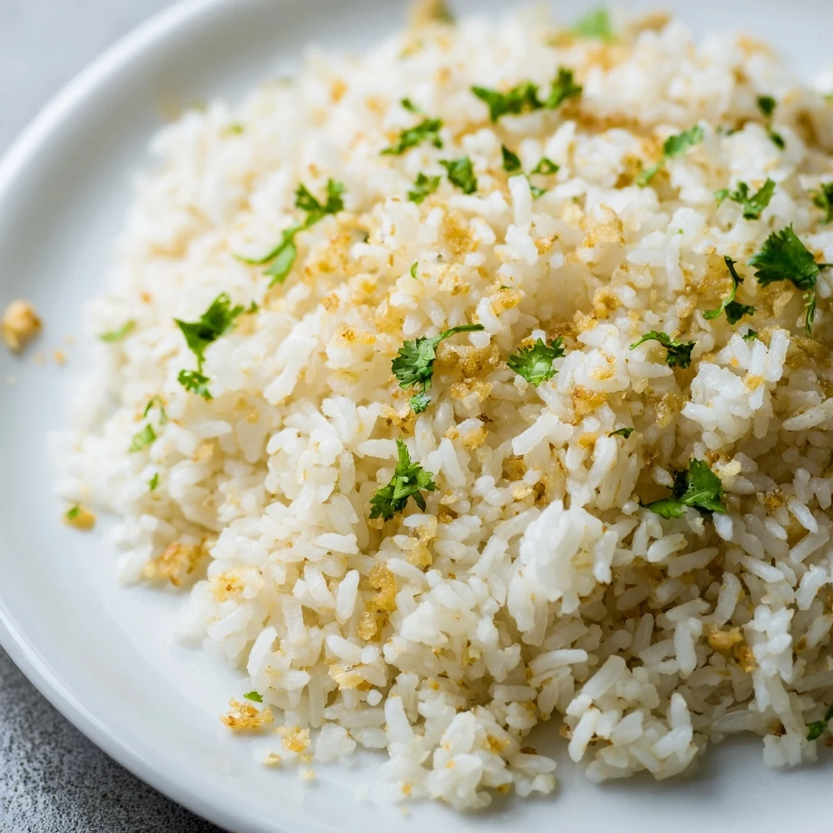 Fluffy jasmine rice garlic, a glistening side dish, served with fresh cilantro garnish and prepared in a saucepan.