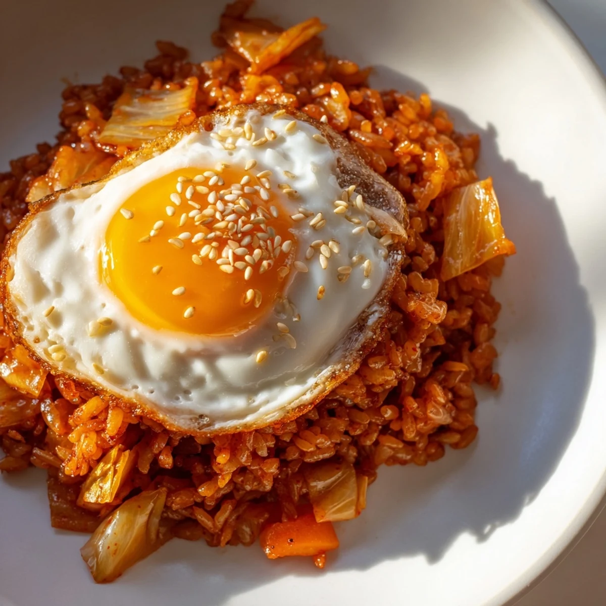Vibrant kimchi fried rice with carrots and onions sizzling in a wok, ready to eat.