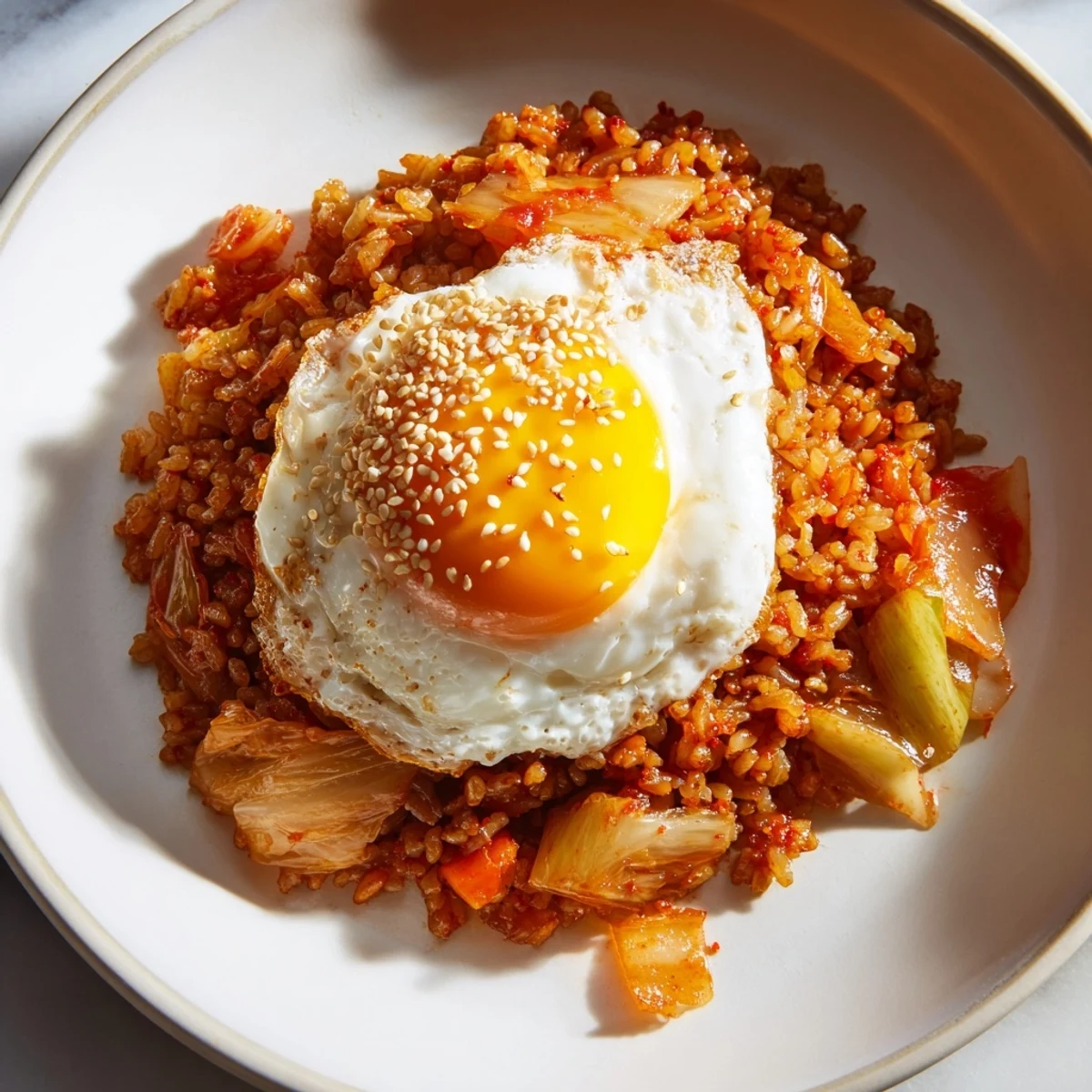 Steaming hot bowl of kimchi fried rice topped with a golden fried egg and sesame seeds.