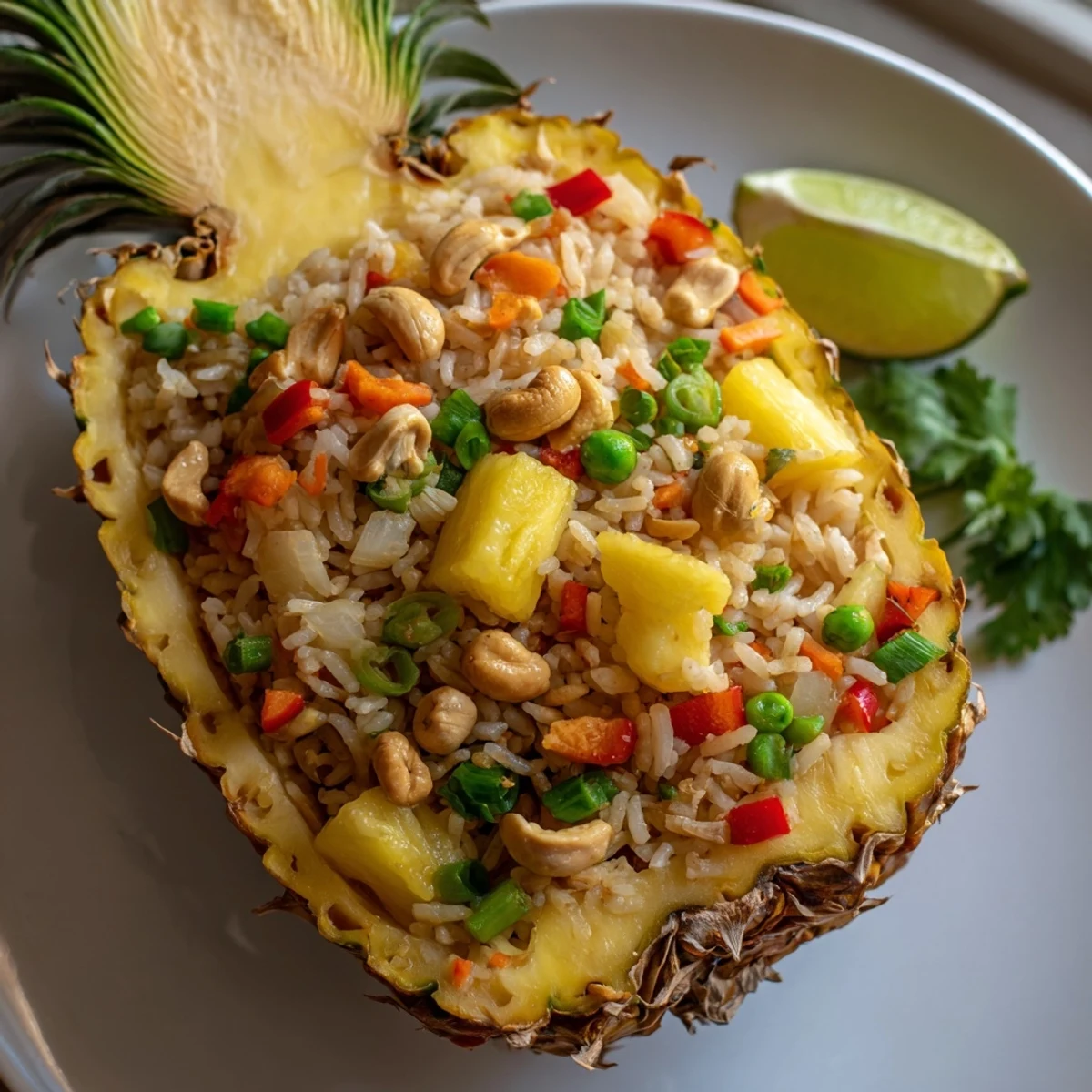 Vibrant image shows colorful Pineapple Fried Rice studded with cashews and fresh vegetables, ready to eat.