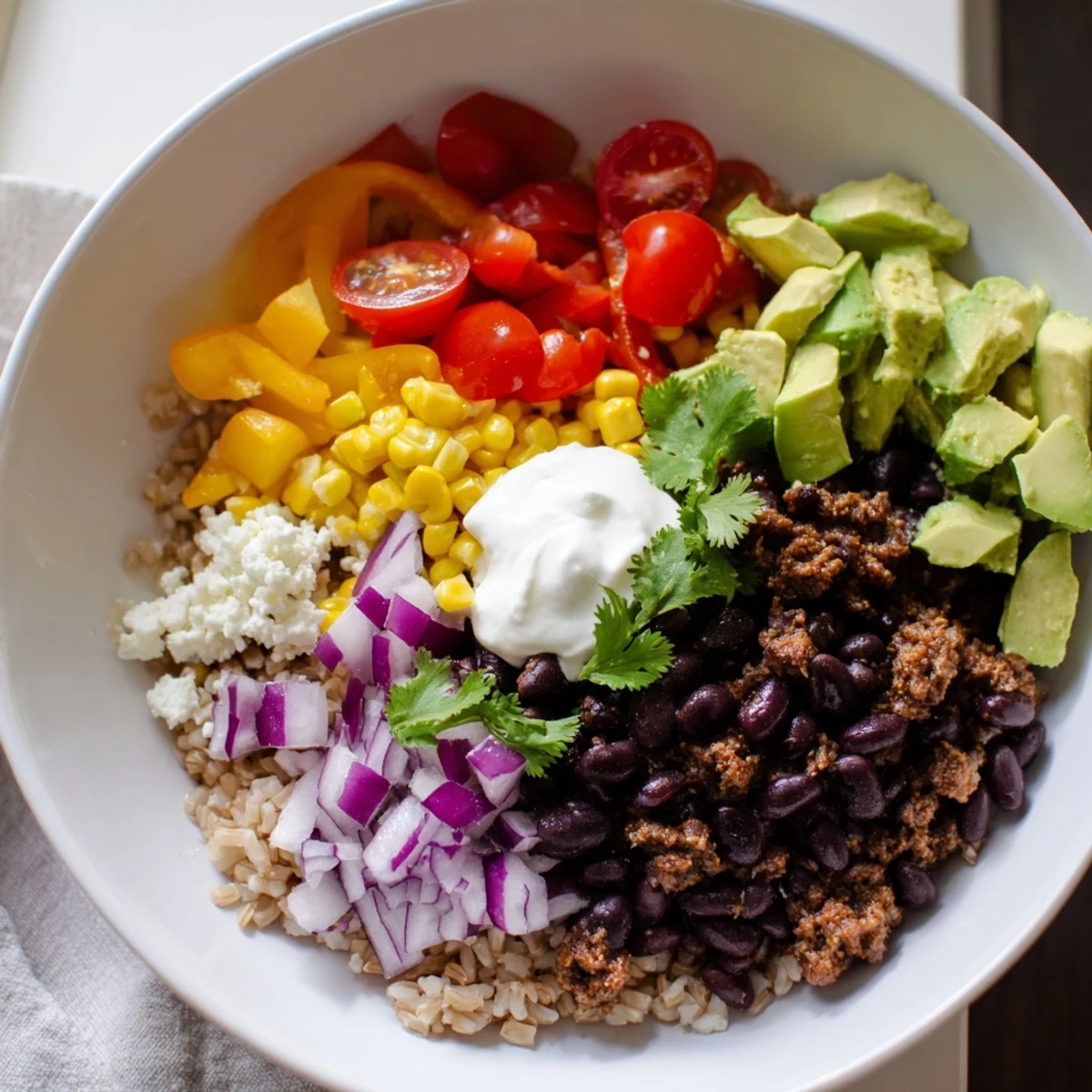 A vibrant burrito bowl featuring fluffy brown rice, colorful bell peppers, and melted cheese, so delicious.