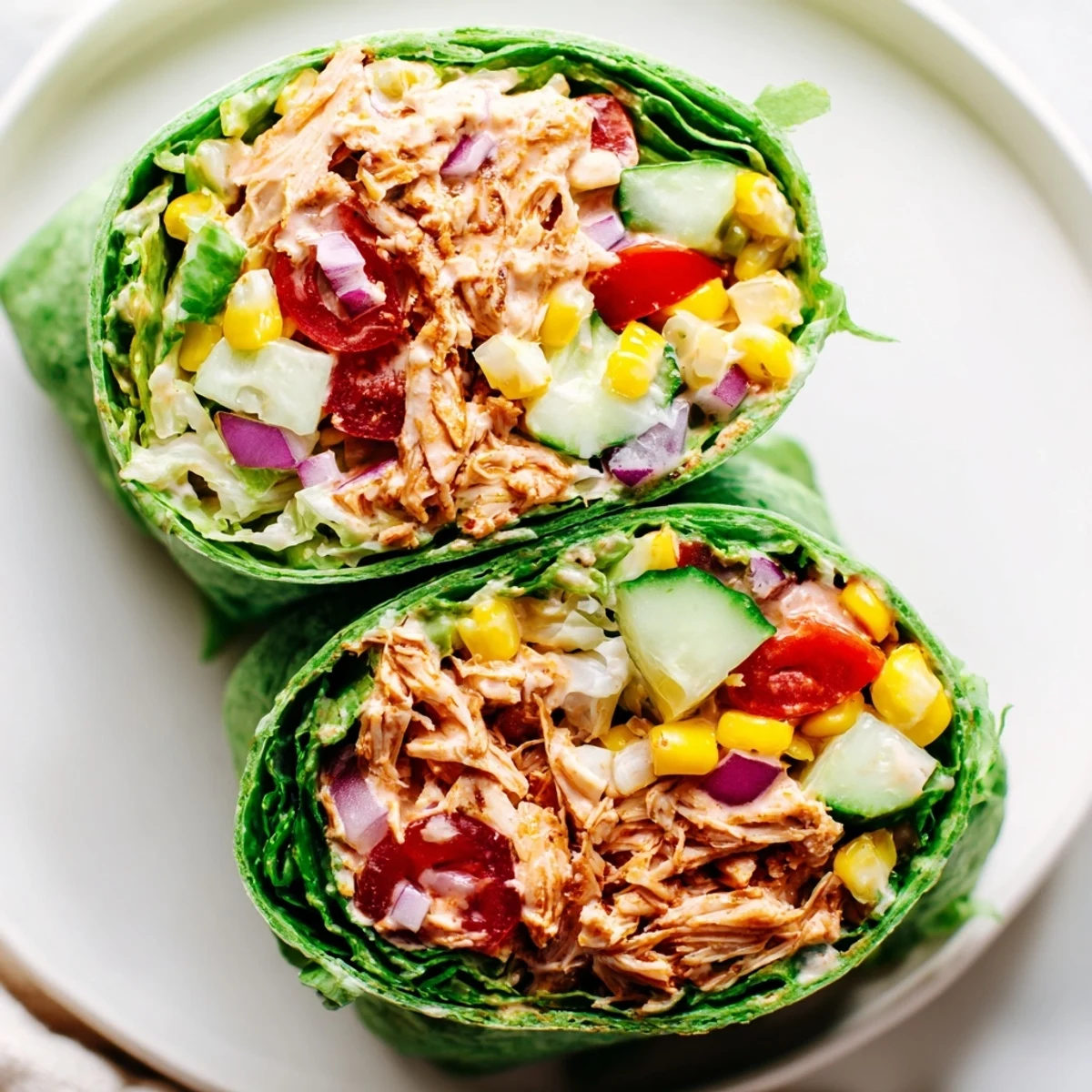 Freshly assembled BBQ Chicken Salad Wrap filled with smoky shredded chicken, crisp romaine, juicy tomatoes, and crunchy cucumbers in a spinach tortilla.  
