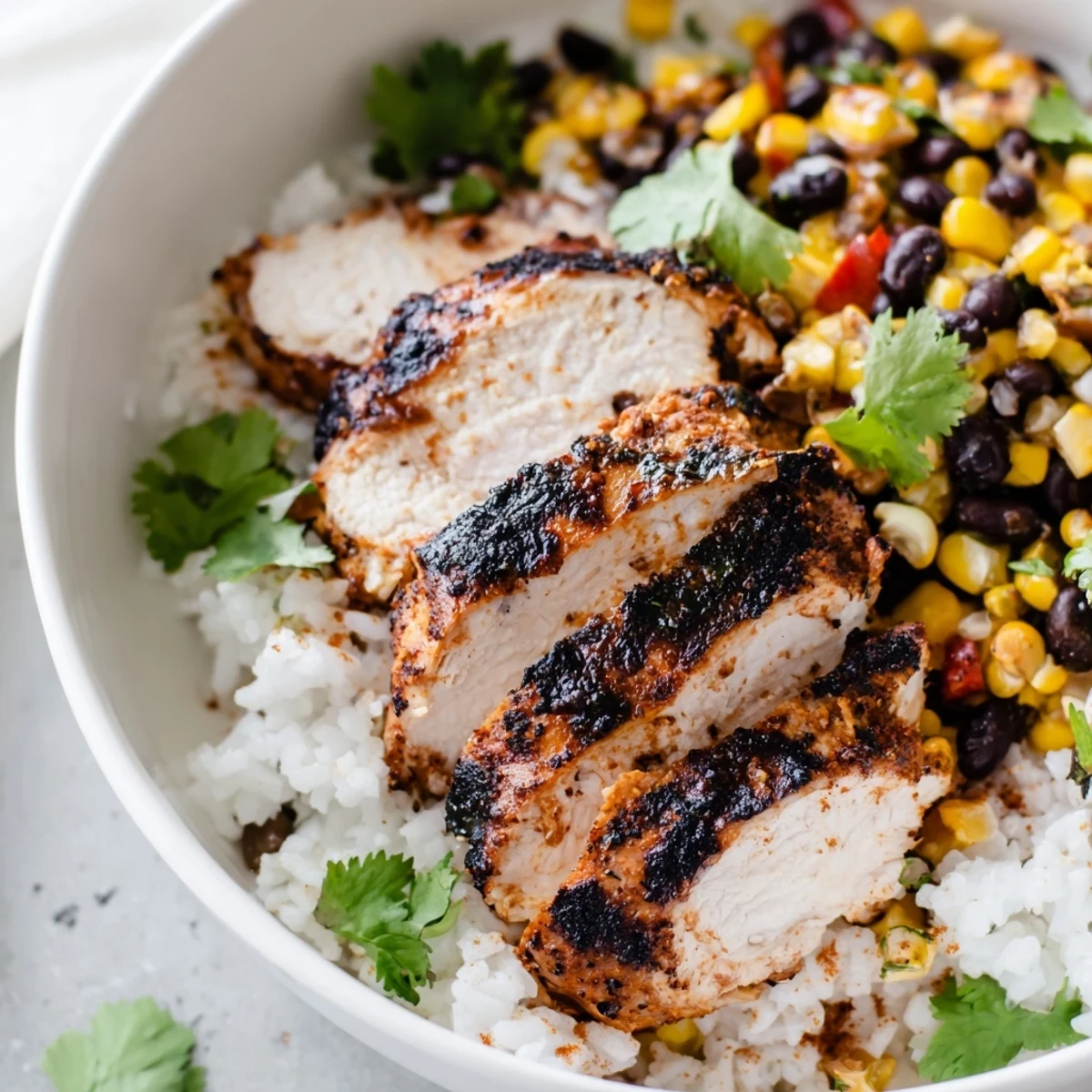 Golden-brown grilled spicy chicken slices rest atop fluffy white rice in a vibrant Spicy Chicken Burrito Bowl, garnished with fresh cilantro.