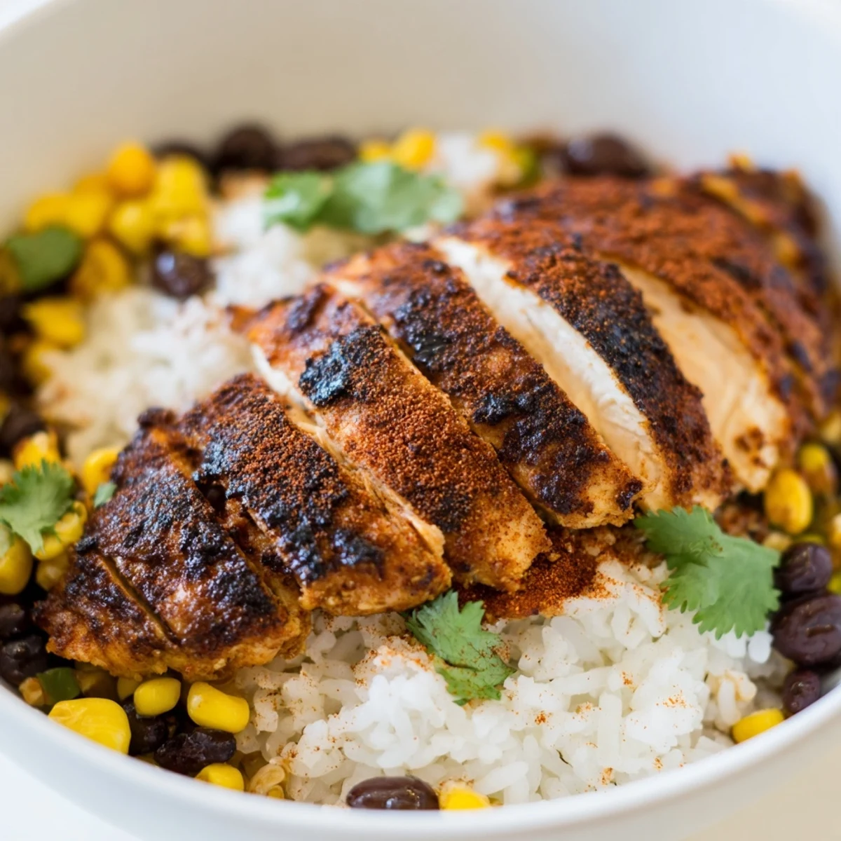 Colorful Tex-Mex ingredients like zesty salsa, shredded cheese, and lime wedges make this Spicy Chicken Burrito Bowl ready for serving.